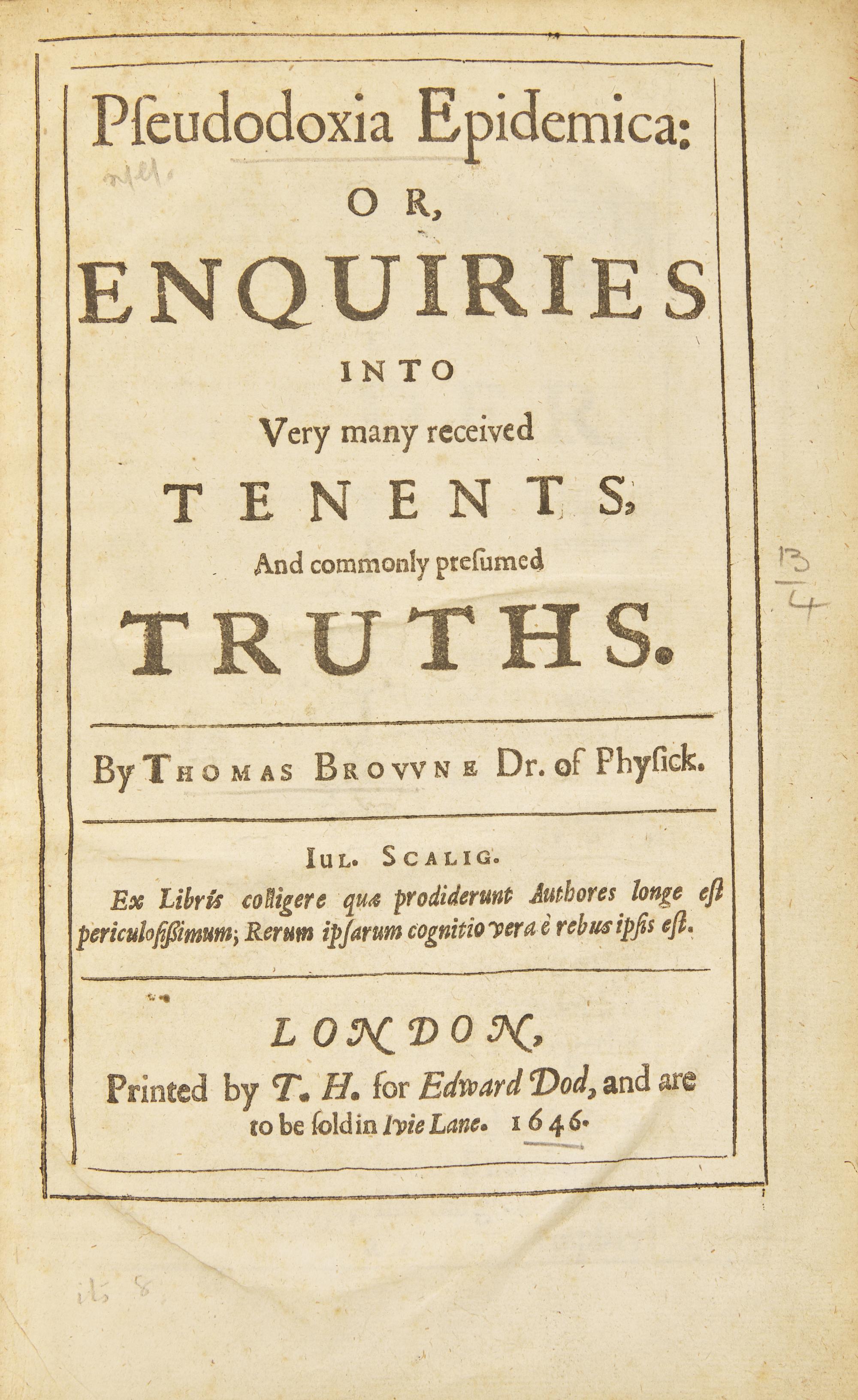 [Science, Medicine, Mathematics] Browne, Thomas. Pseudodoxia Epidemica...