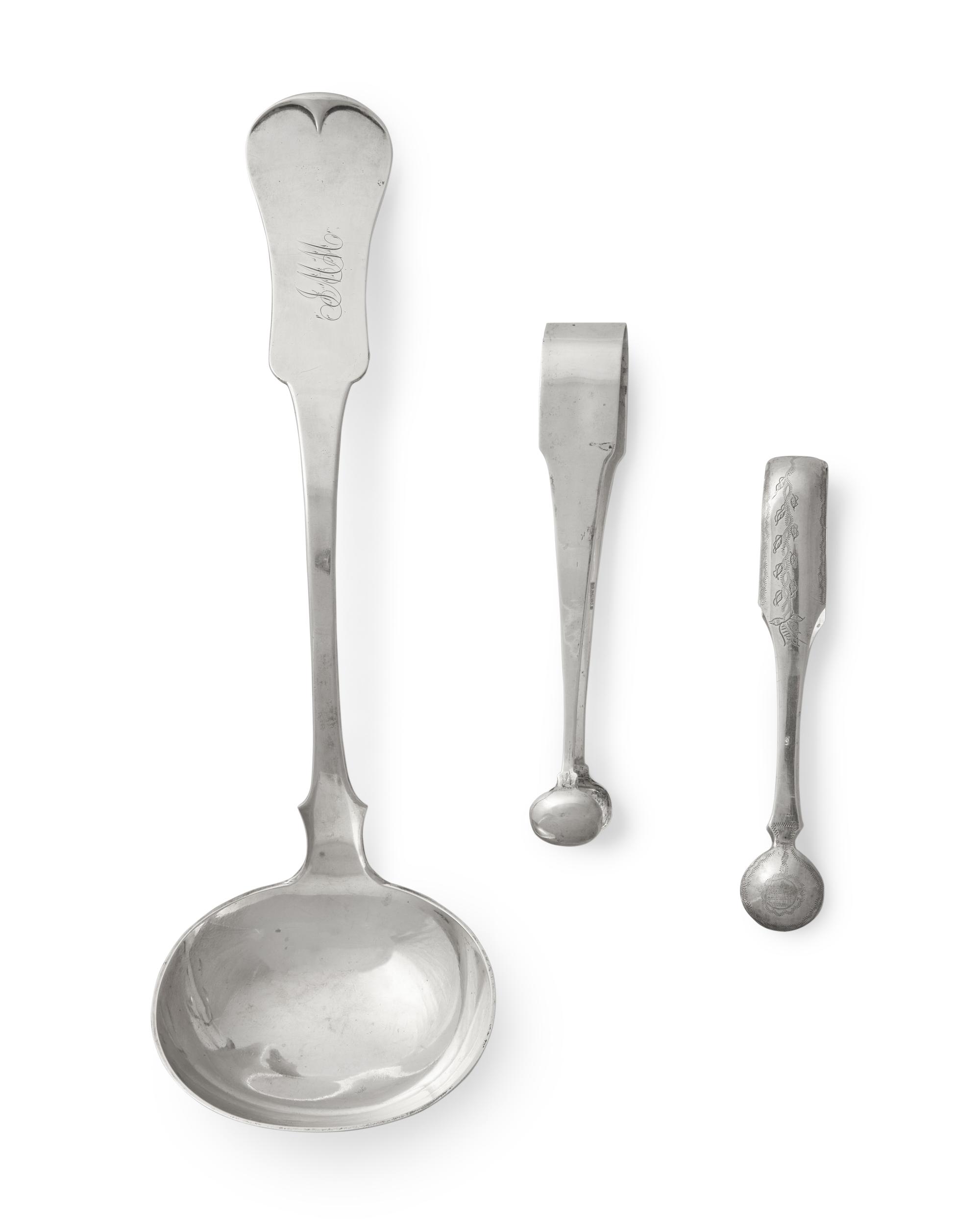 A Silver Punch Ladle and Two Silver Sugar Tongs