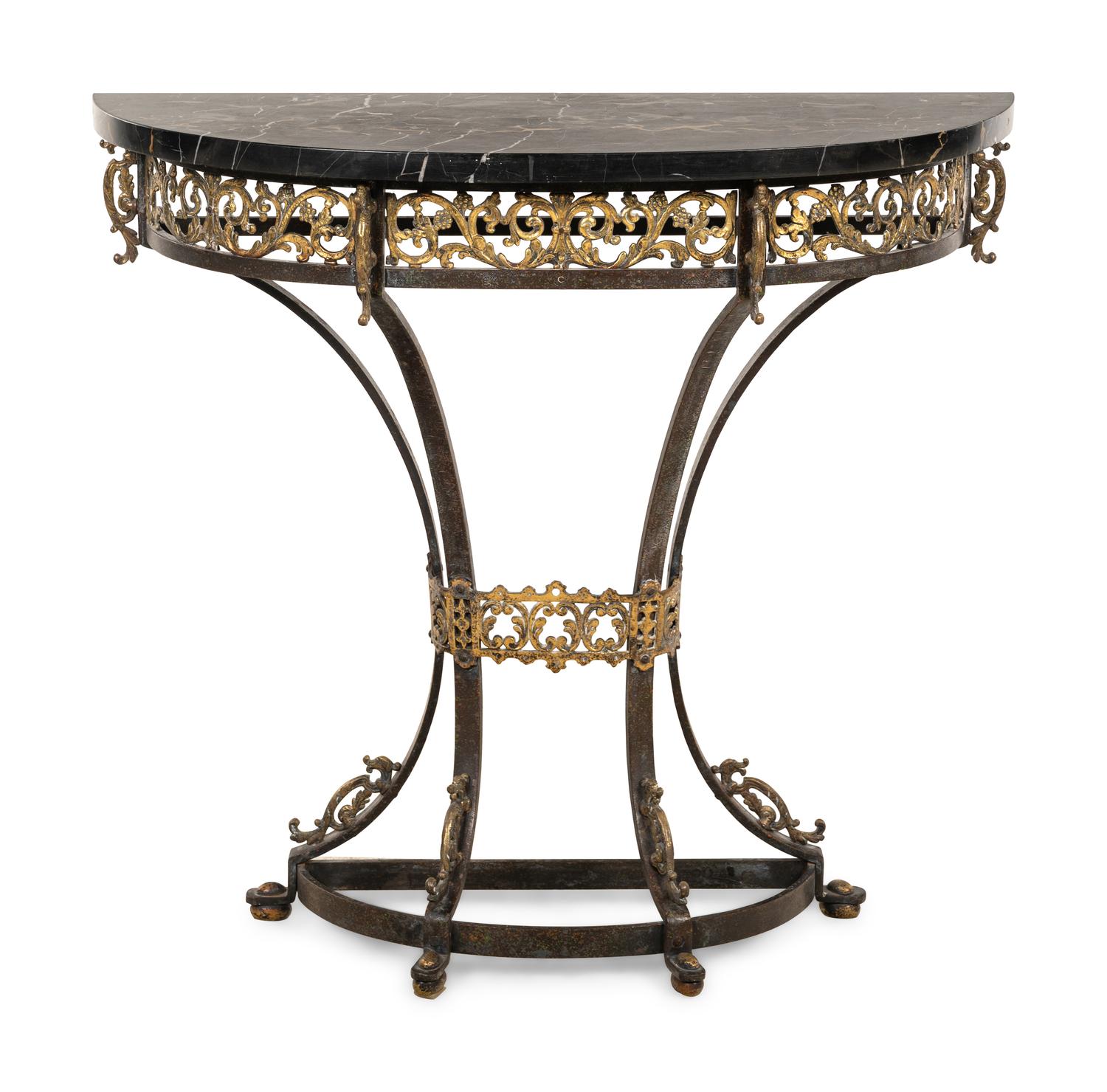 A Continental Ebonized and Parcel Gilt Metal Marble-Top Console Table and Mirror