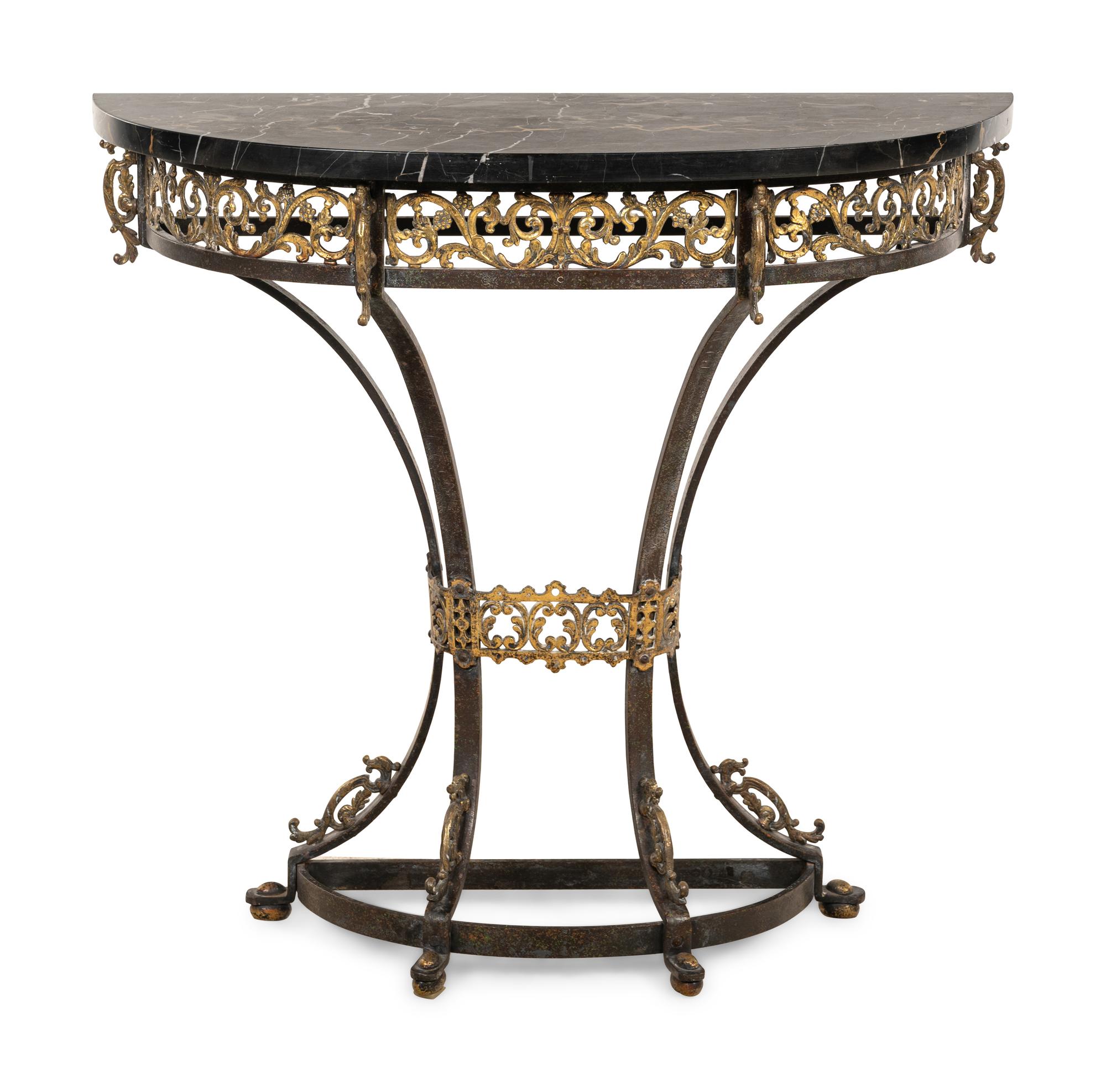 A Continental Ebonized and Parcel Gilt Metal Marble-Top Console Table and Mirror