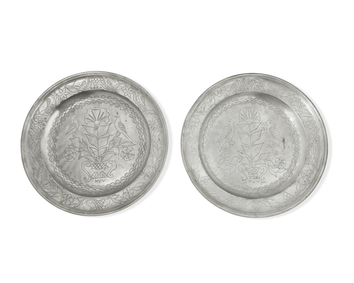 A Matched Pair of French Wriggle-Work Engraved Pewter Chargers, by M. Chocquell, Bergues, France, Circa 1750