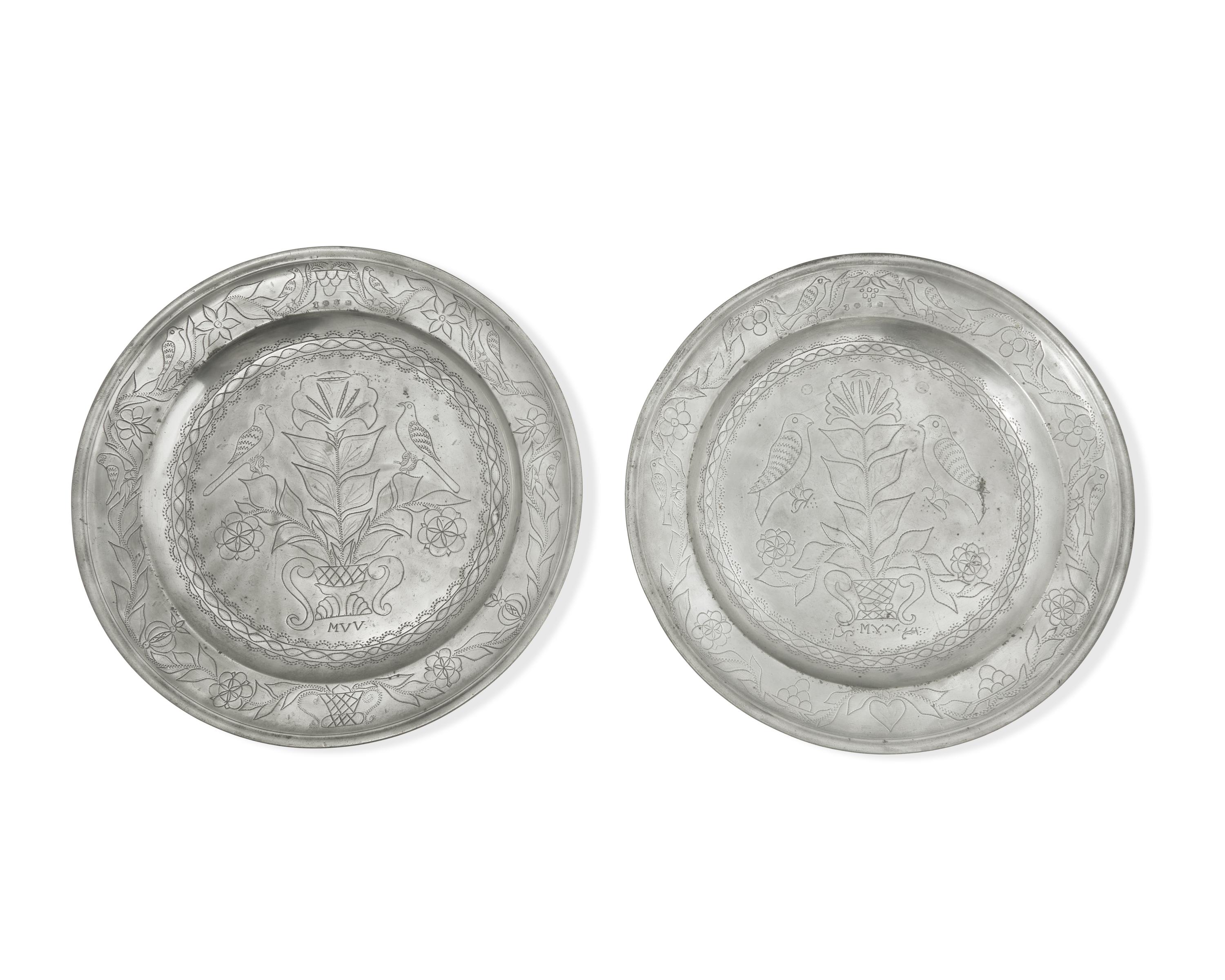 A Matched Pair of French Wriggle-Work Engraved Pewter Chargers, by M. Chocquell, Bergues, France, Circa 1750