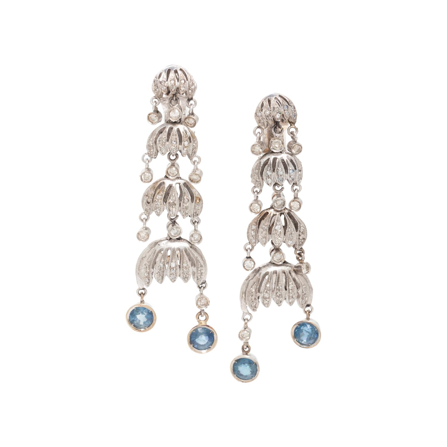 WHITE GOLD, DIAMOND AND SAPPHIRE EARCLIPS
