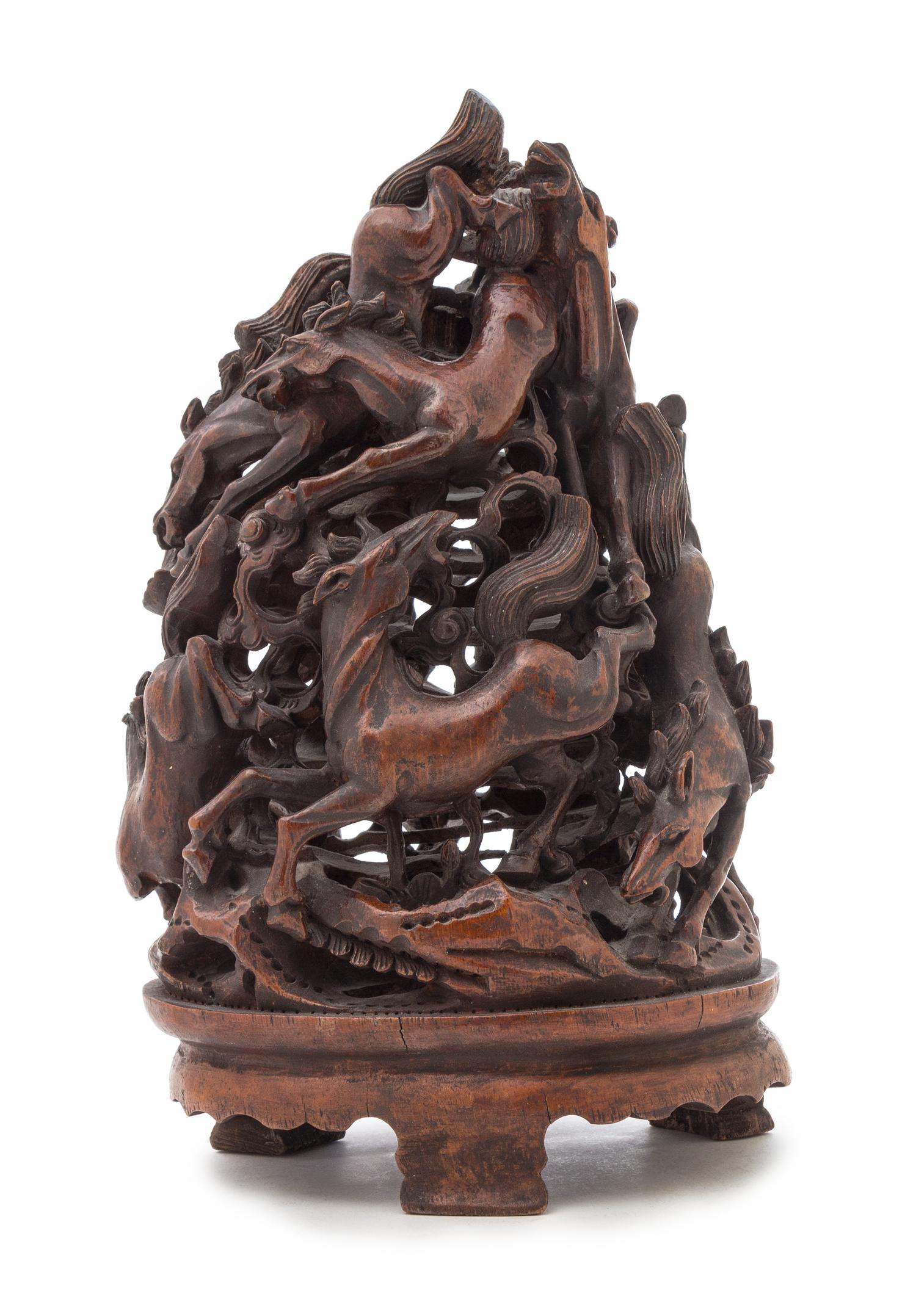 A Chinese Carved Wood Figural Group Height 13 inches.
