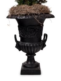 A Pair of Victorian Style Iron Urns with Topiaries