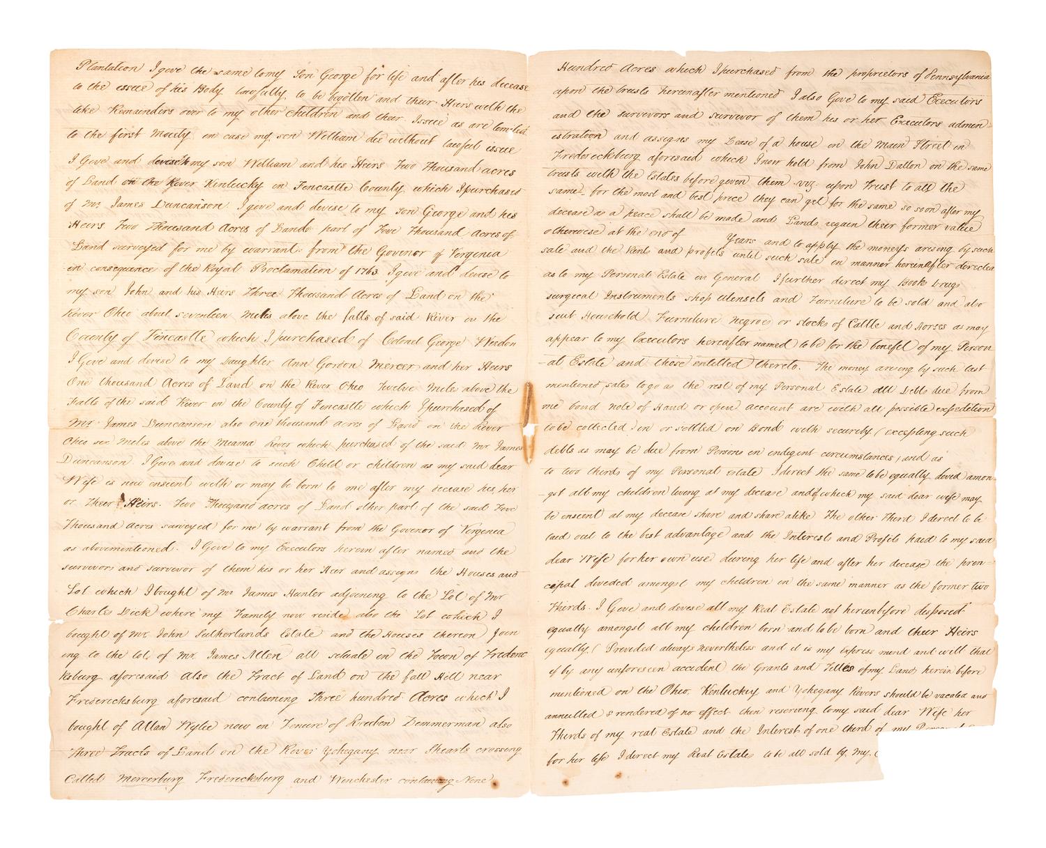 [AFRICAN AMERICANA]. MERCER, Hugh (1726-1777). Manuscript last will and testament, describing a plantation purchased from George Washington. Fredericksburg, Spotsylvania County, VA, 20 March 1776.