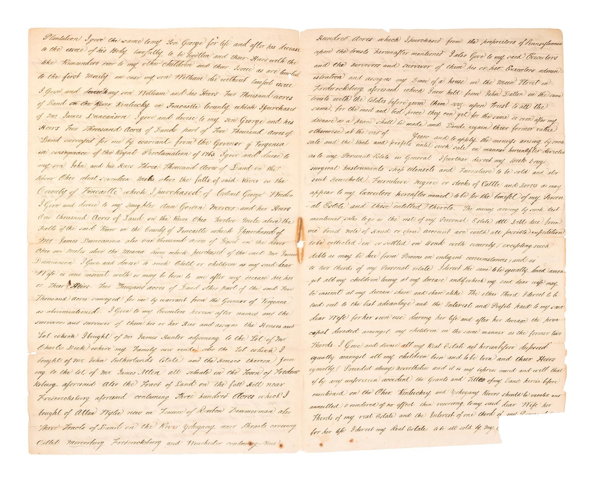 [AFRICAN AMERICANA]. MERCER, Hugh (1726-1777). Manuscript last will and testament, describing a plantation purchased from George Washington. Fredericksburg, Spotsylvania County, VA, 20 March 1776.