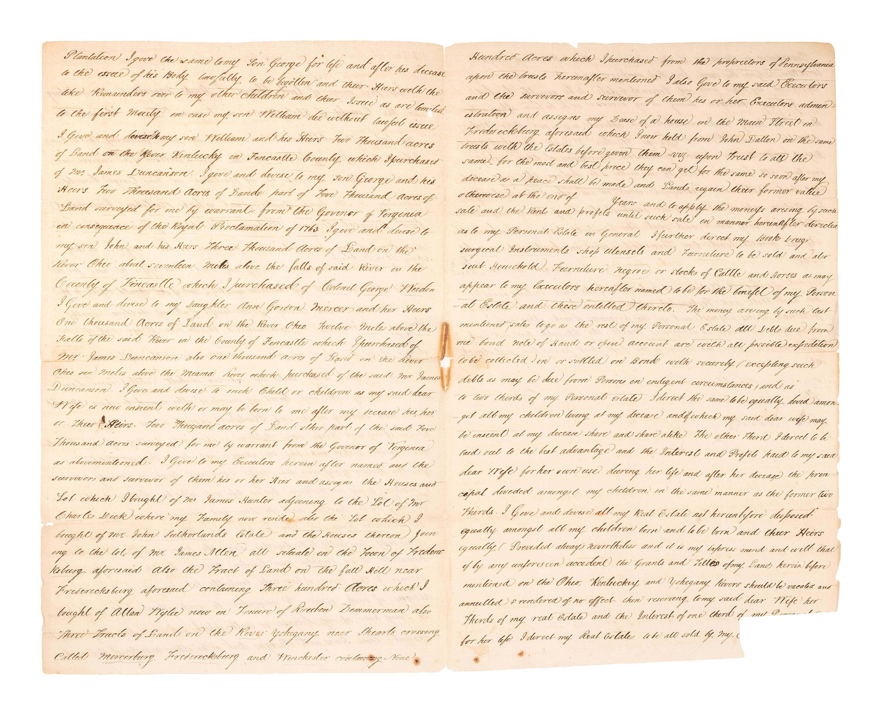 [AFRICAN AMERICANA]. MERCER, Hugh (1726-1777). Manuscript last will and testament, describing a plantation purchased from George Washington. Fredericksburg, Spotsylvania County, VA, 20 March 1776.