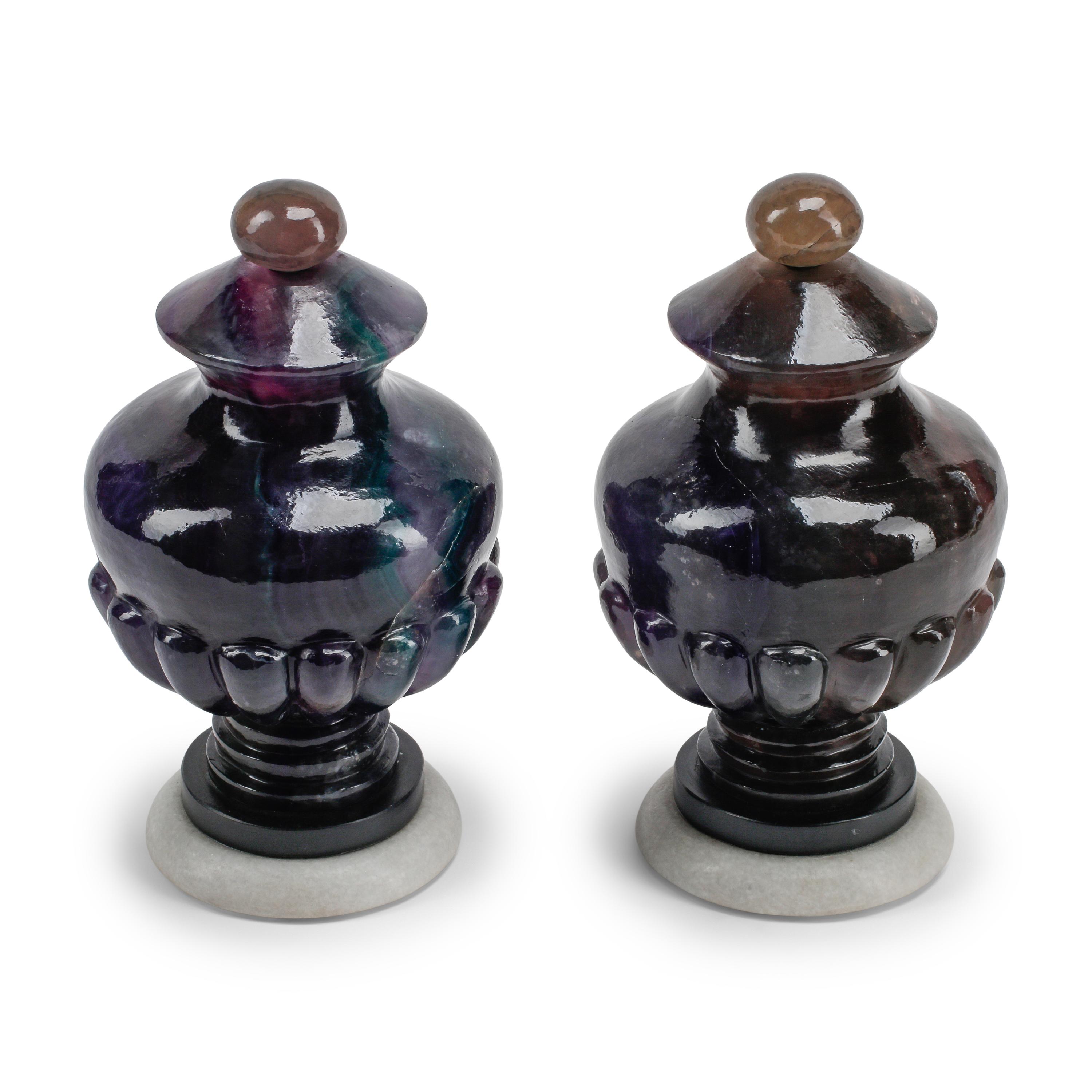 A Pair of Carved Fluorite and Marble Urn-Form Ornaments
