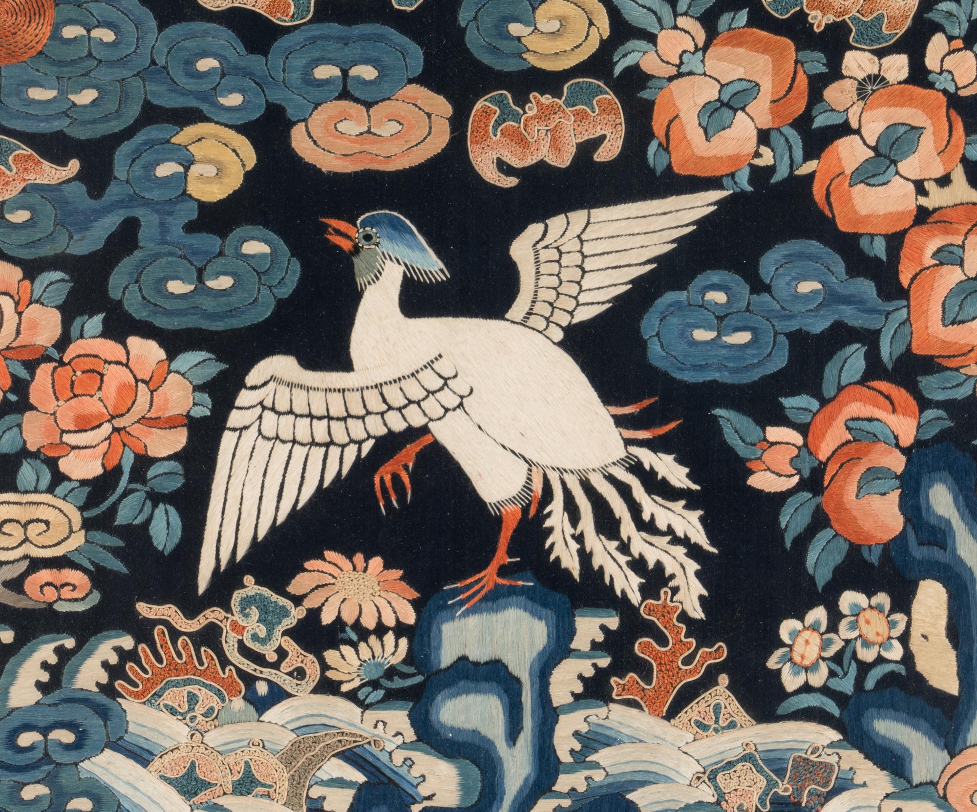 Two Chinese Embroidered Silk 'Silver Pheasant' Rank Badges, Buzi, 19th Century 清中晚期 刺綉五品文官白鹇補子兩幅