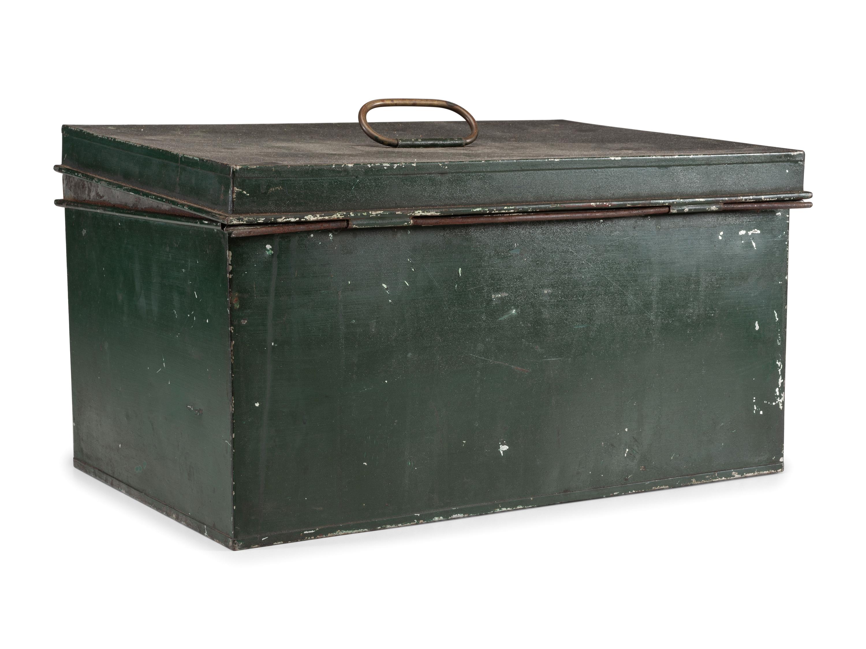 [CIVIL WAR] -- [MAINE]. Tin muster roll box identified to Co. A, 19th Maine Regiment, accompanied by stage trunk identified to Maine manufacturer.