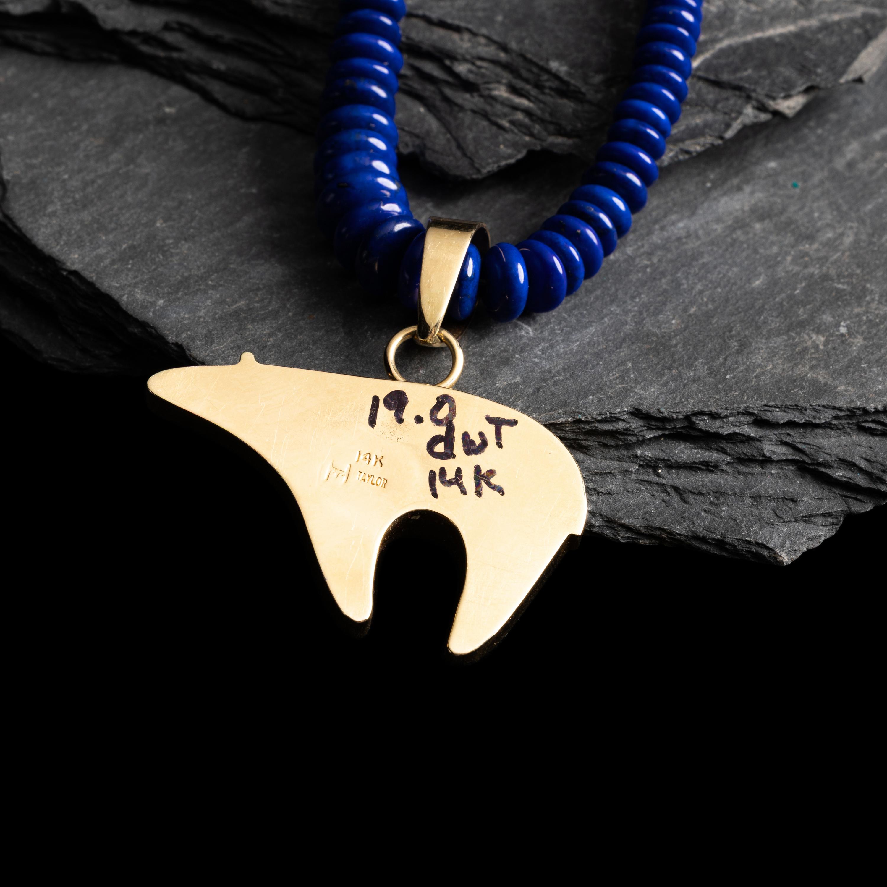 Herbert Taylor (Diné, 1951-1996) — 14K Gold and Lapis Heart Line Bear Necklace