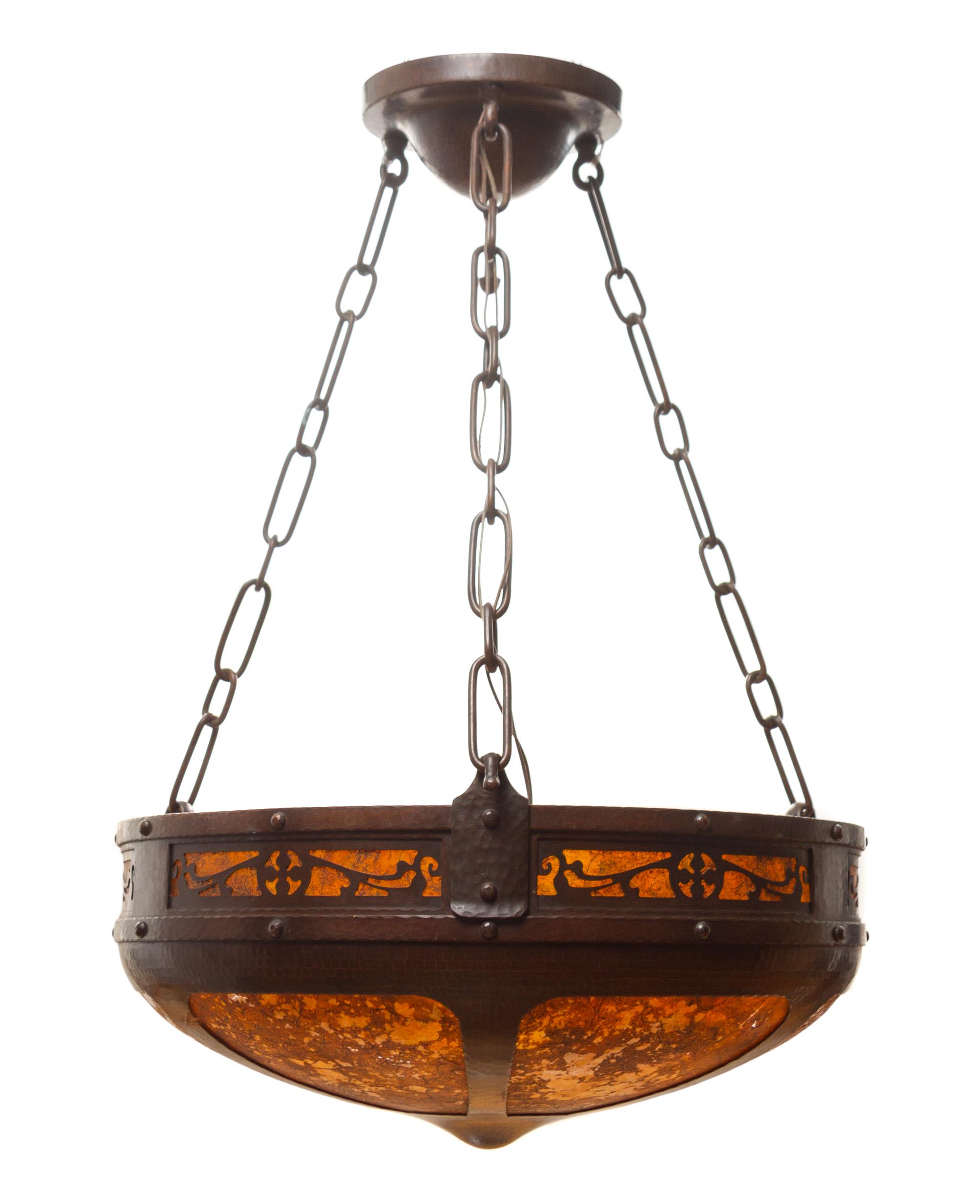 An Arts and Crafts Copper and Mica Hanging Fixture, Aurora Studios Diameter 21 inches.