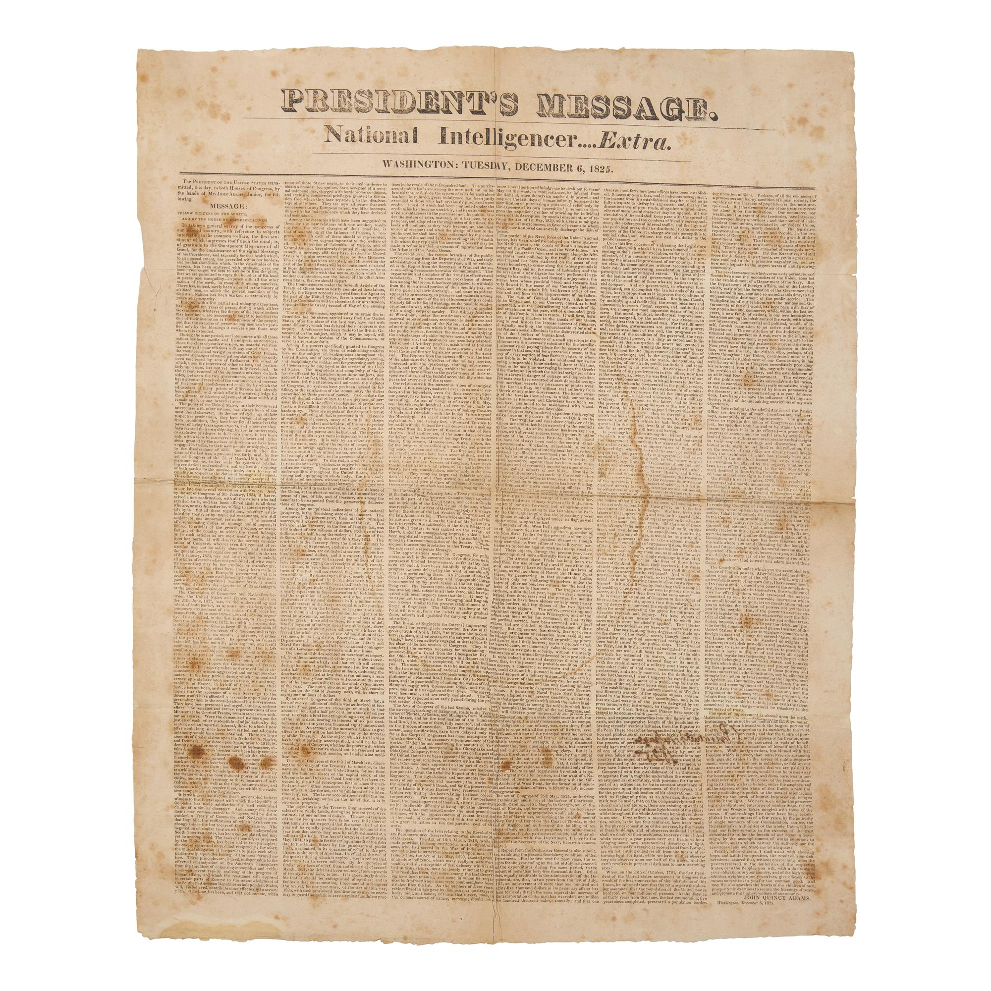 [American Newspapers] (Adams, John Quincy) Broadside First Printing of President John Quincy Adams' First State of the Union Address