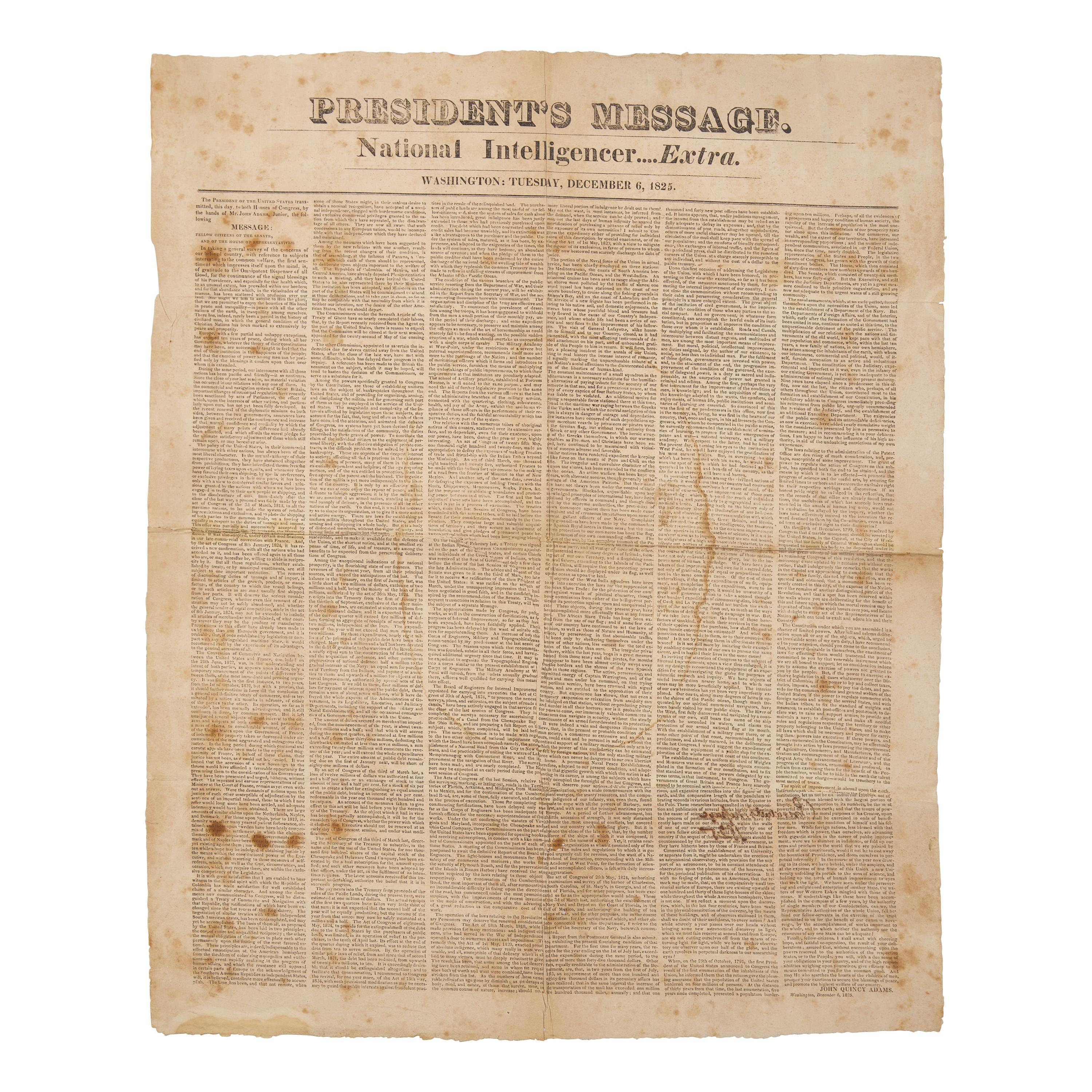 [American Newspapers] (Adams, John Quincy) Broadside First Printing of President John Quincy Adams' First State of the Union Address