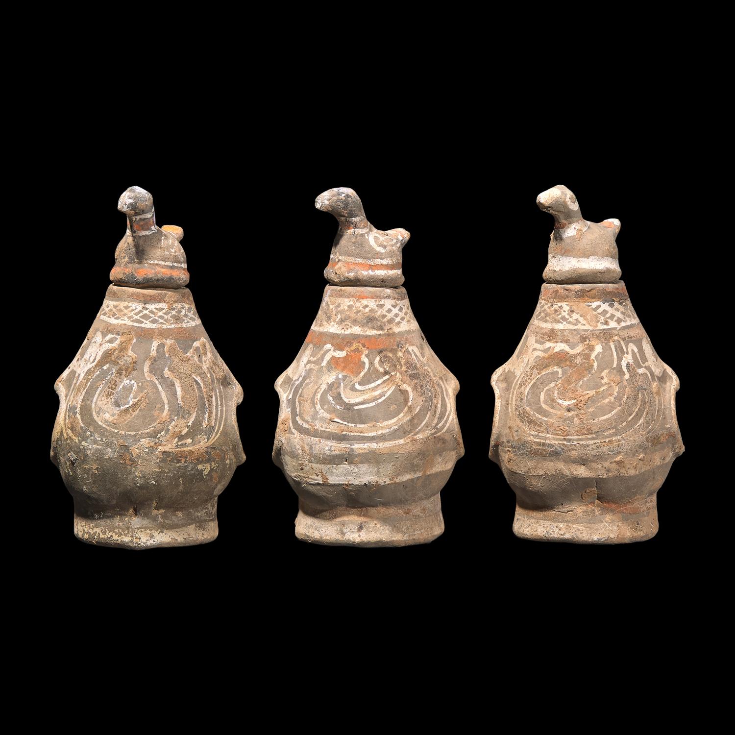 Three Chinese Painted Grey Pottery Pear-Shaped Covered Hu Vessels, Han Dynasty 漢 彩陶蓋壺三件
