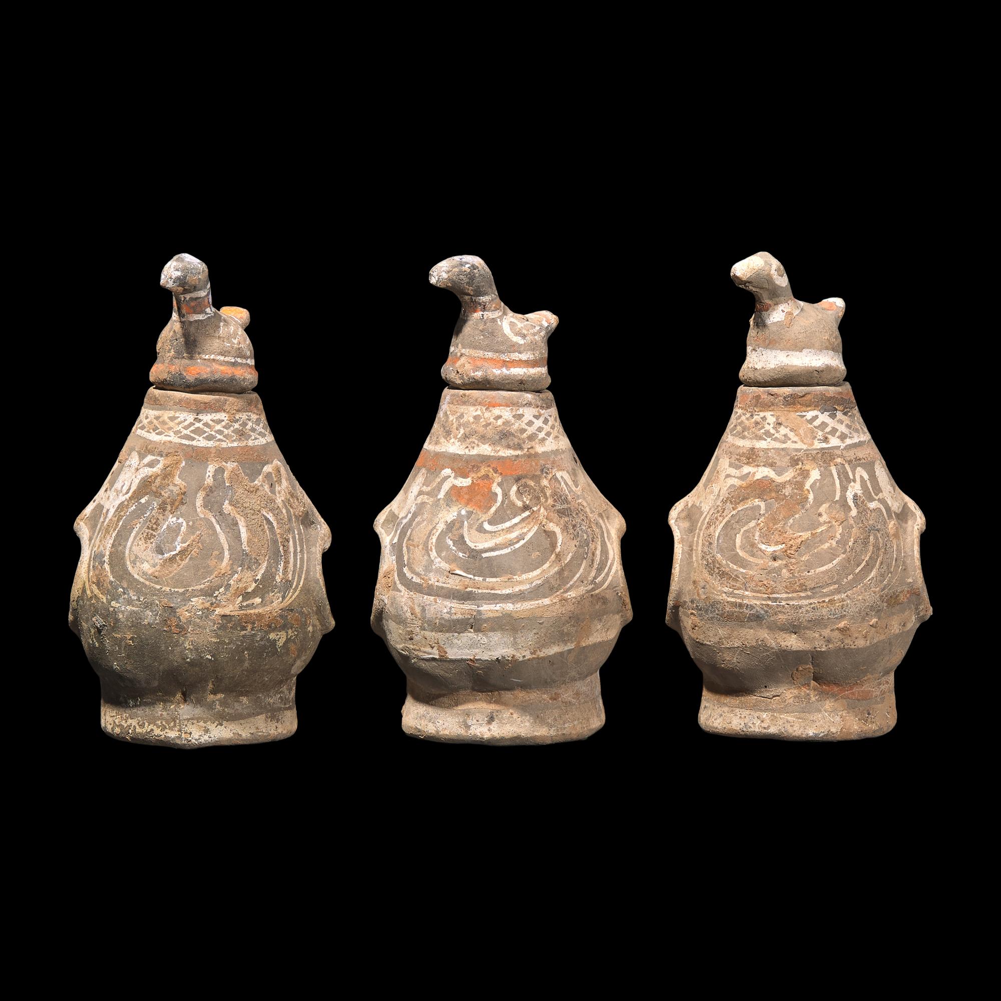 Three Chinese Painted Grey Pottery Pear-Shaped Covered Hu Vessels, Han Dynasty 漢 彩陶蓋壺三件
