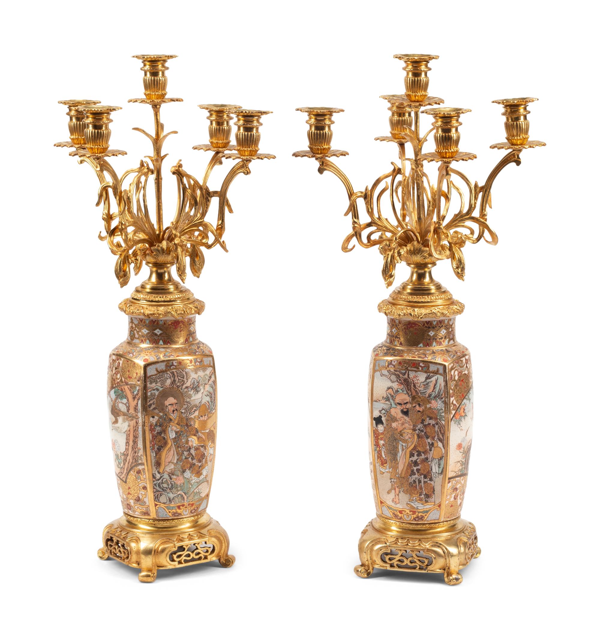 A Pair of Gilt Bronze and Japanese Satsuma Porcelain Candelabra