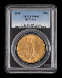 A United States 1908 Saint-Gaudens: No Motto $20 Gold Coin
