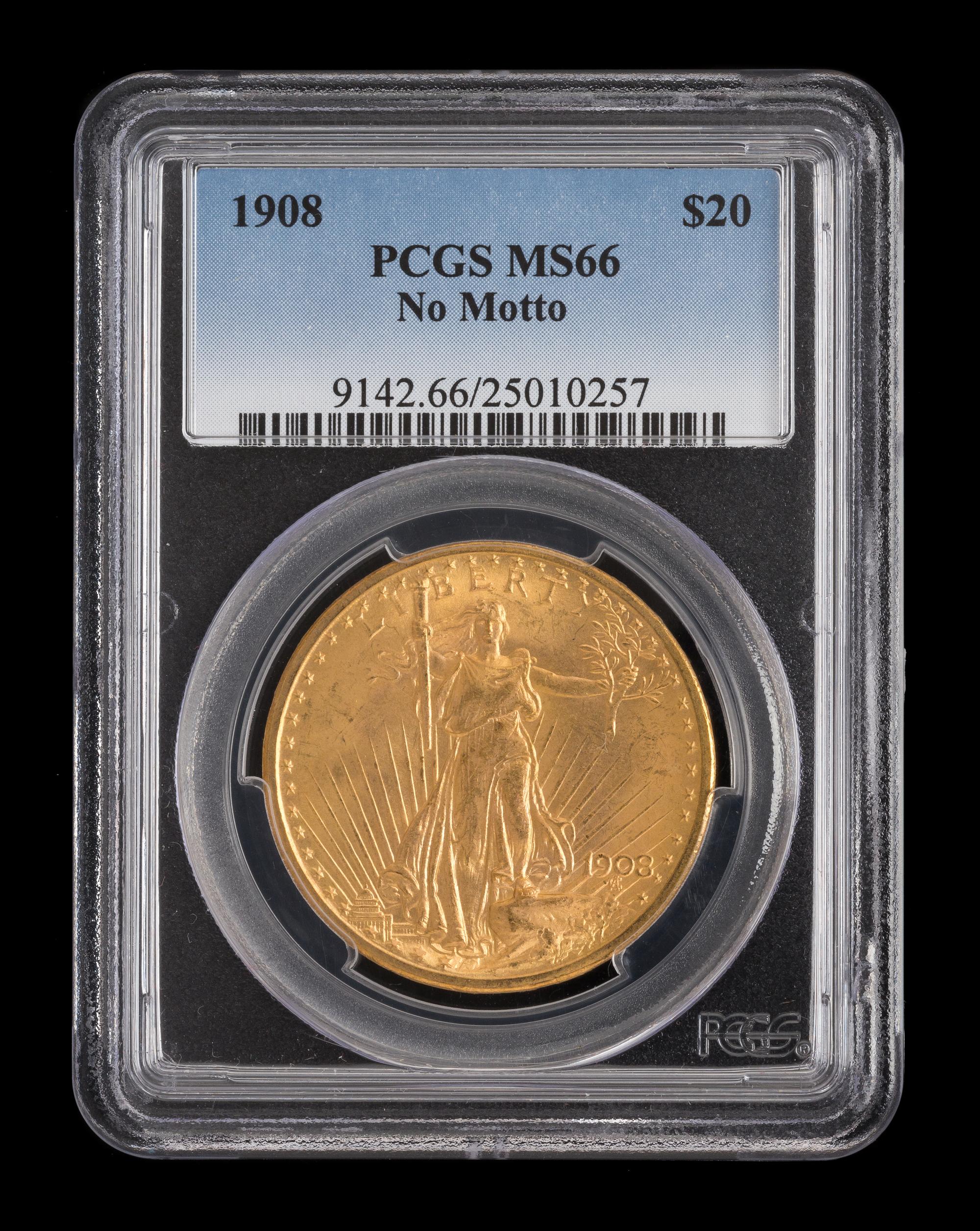 A United States 1908 Saint-Gaudens: No Motto $20 Gold Coin