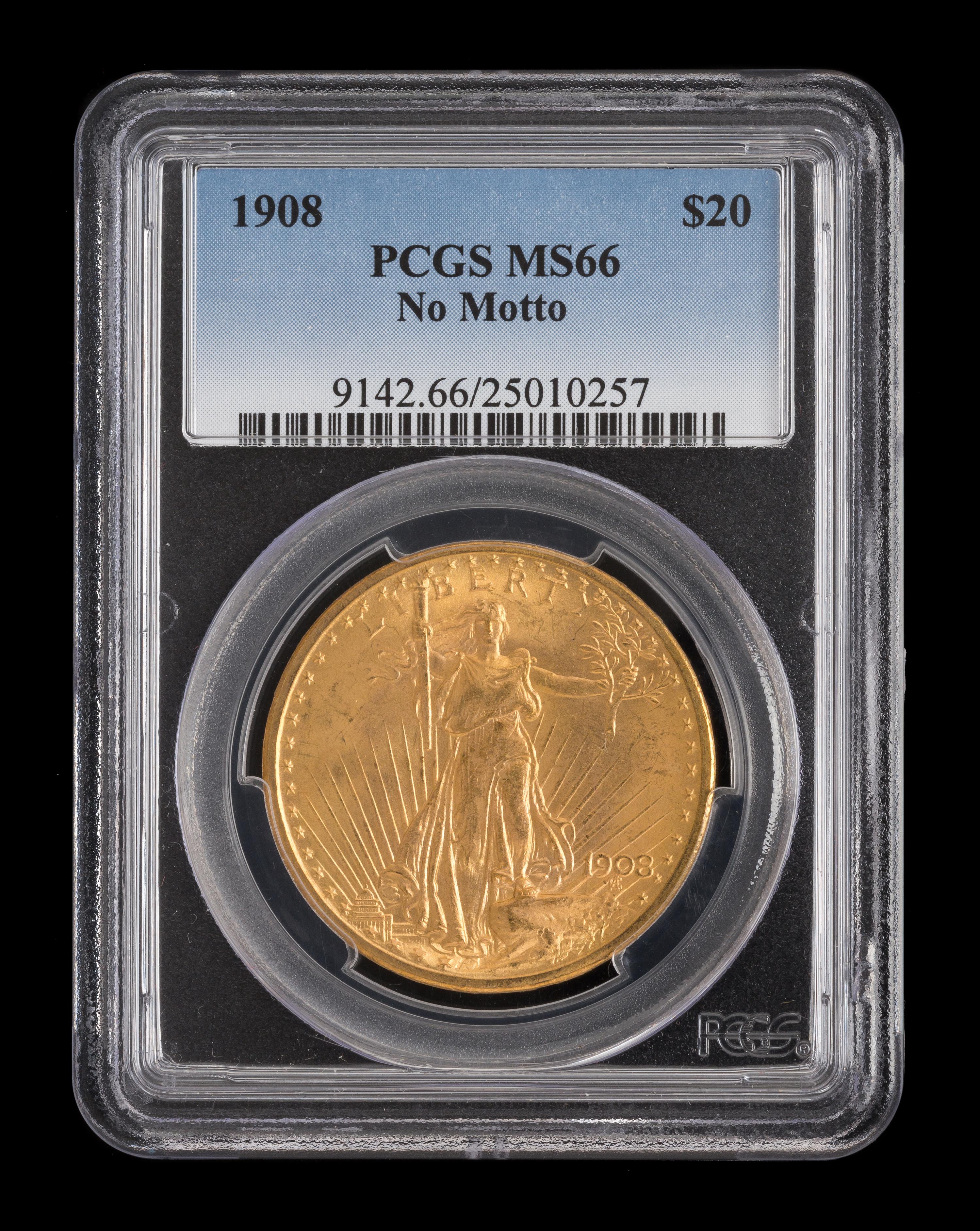 A United States 1908 Saint-Gaudens: No Motto $20 Gold Coin