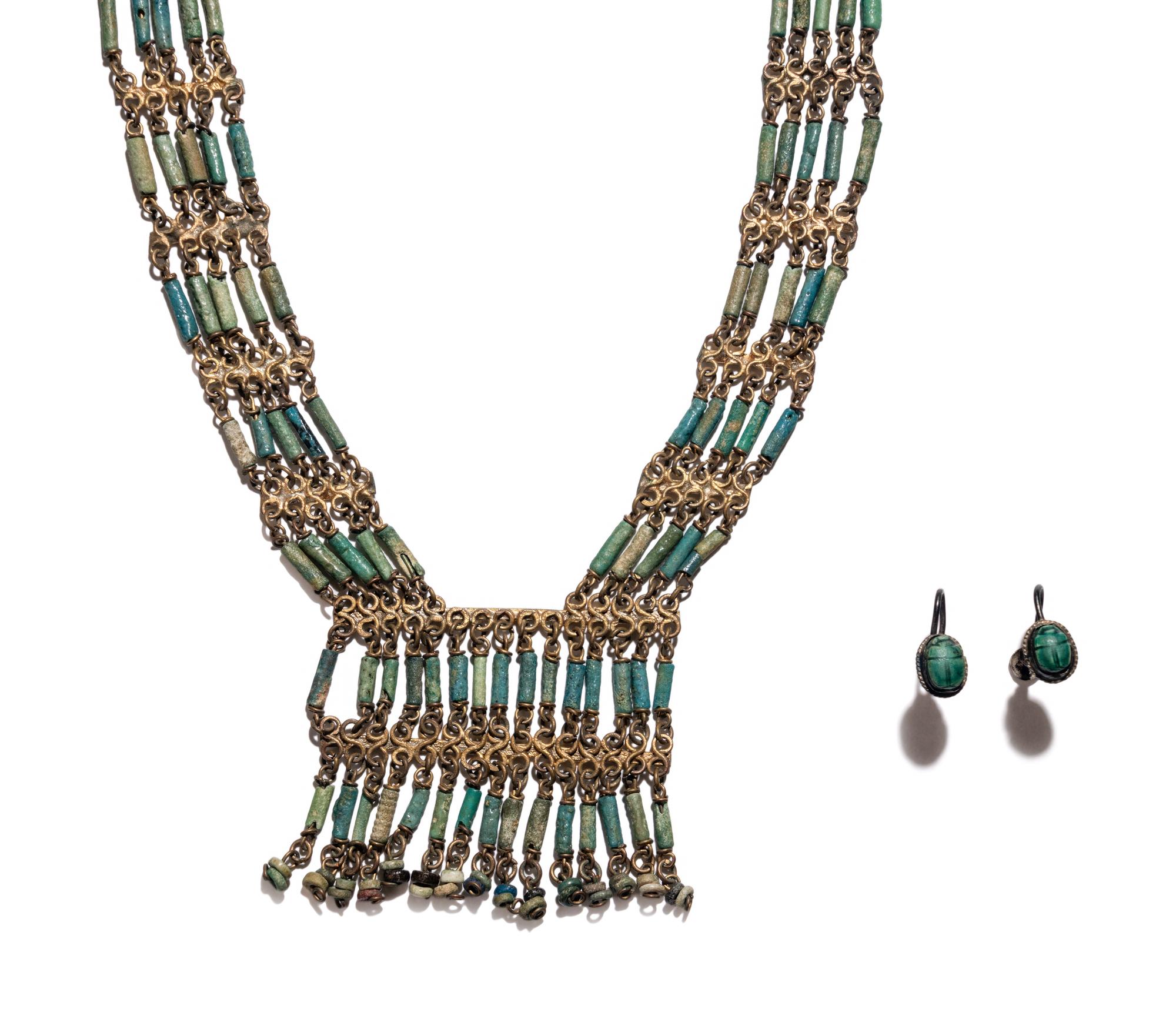 An Egyptian Bead and Faience Necklace with Scarab Earrings