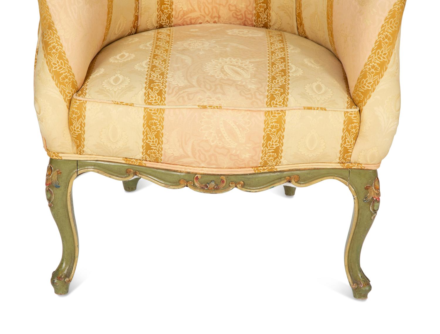 A Pair of Louis XV Style Painted Cove Back Chairs with Scalamandré Silk Damask Upholstery
