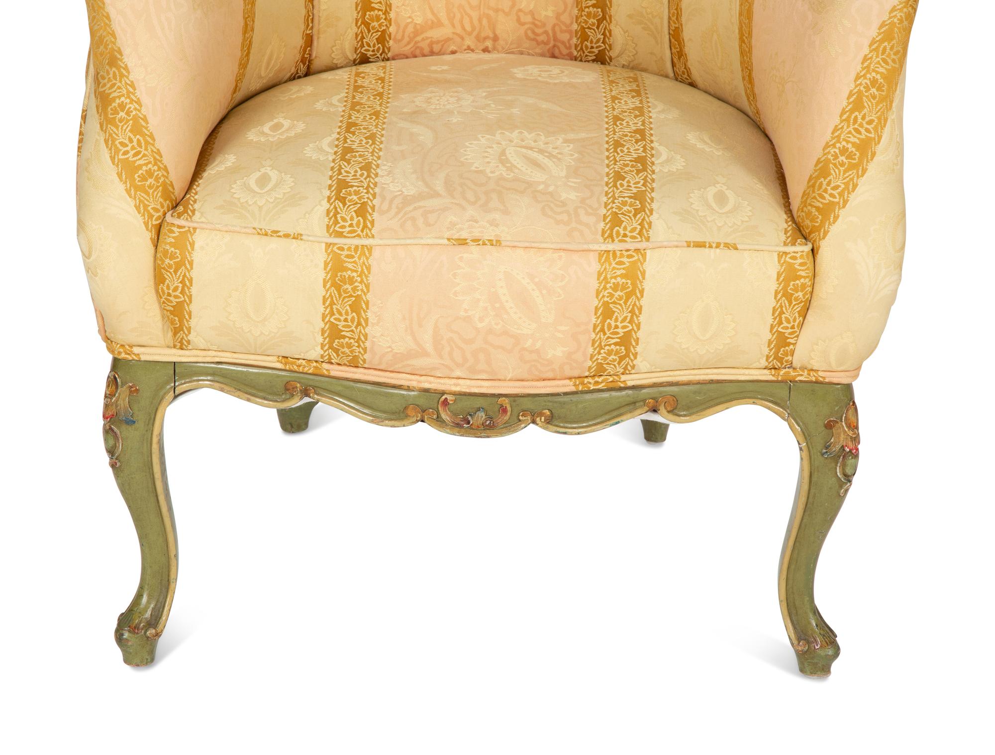A Pair of Louis XV Style Painted Cove Back Chairs with Scalamandré Silk Damask Upholstery