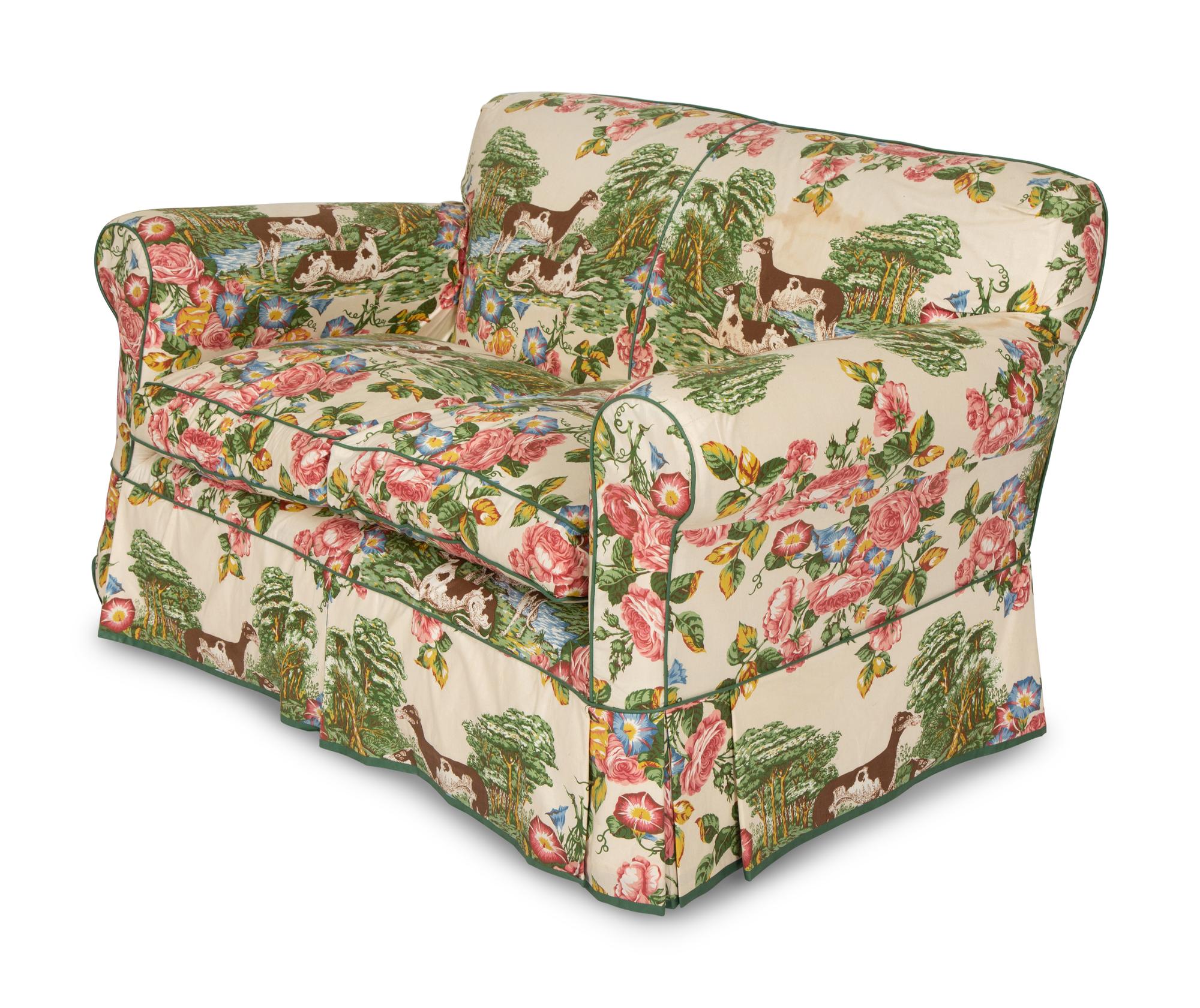 A Printed Cotton-Upholstered Two-Cushion Sofa