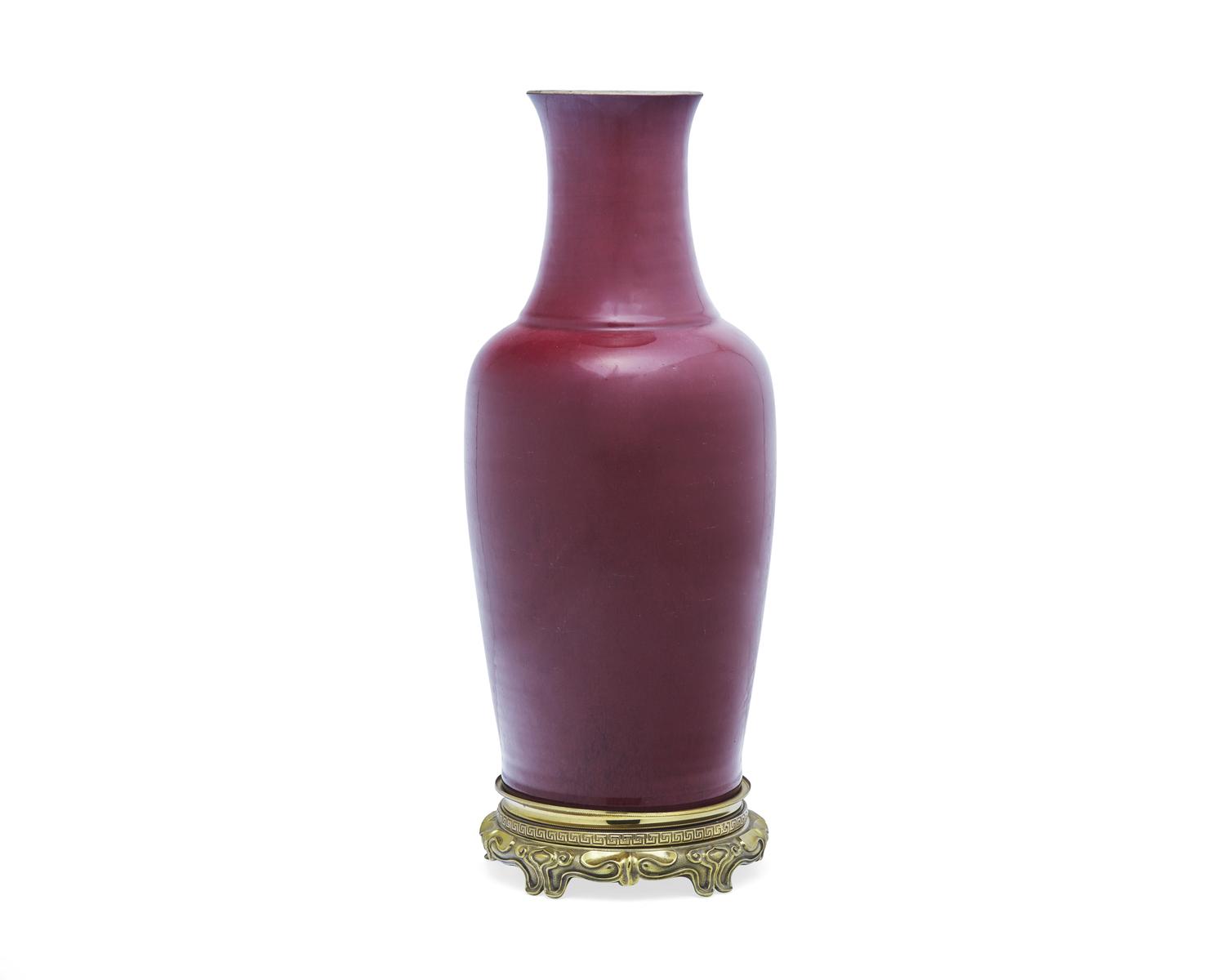 A Chinese flambé​ glaze porcelain baluster vase with gilt bronze base, 18th / 19th century