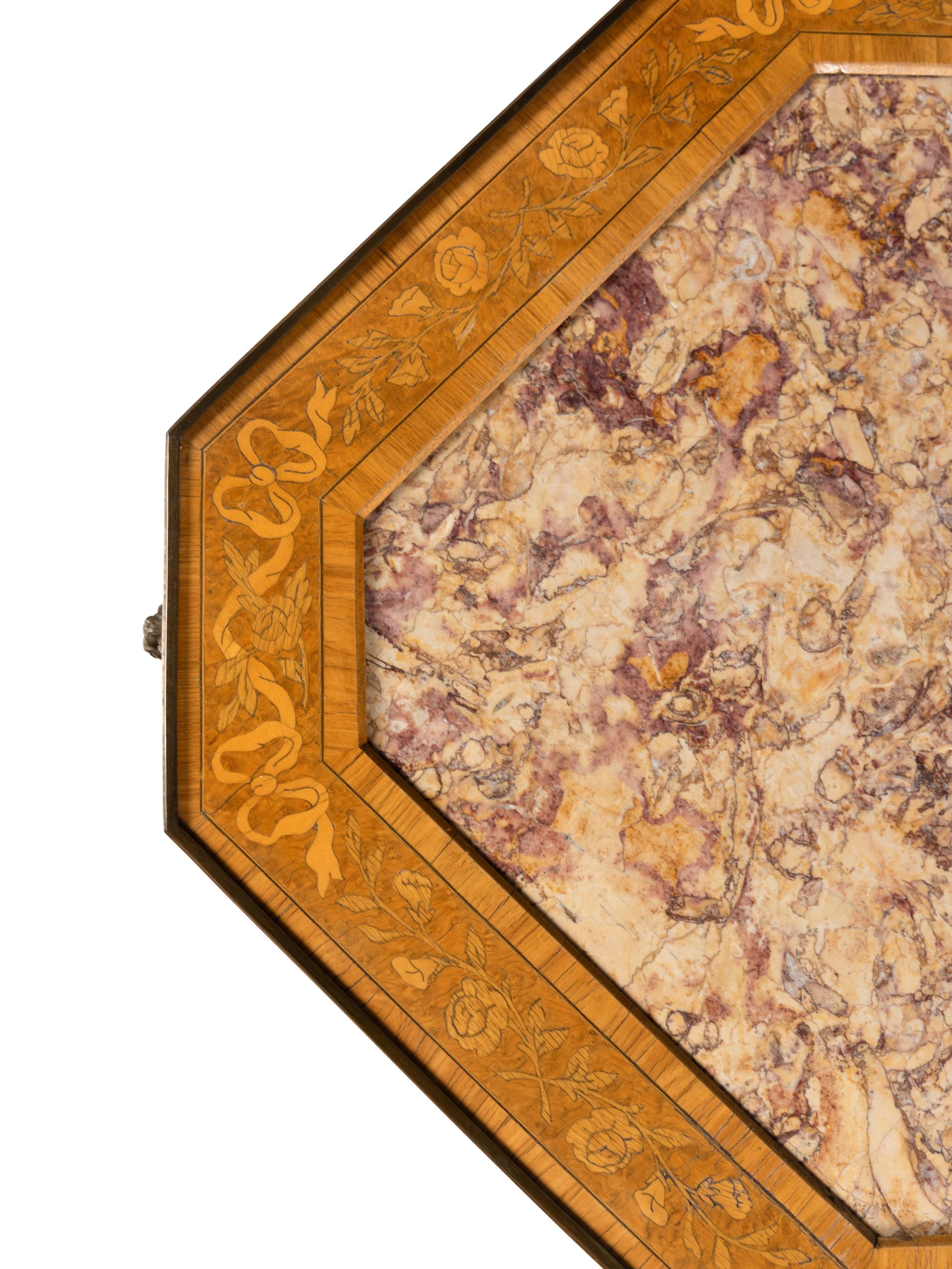 A Louis XVI Style Gilt-Bronze Mounted Marquetry and Marble-Inset Low Table