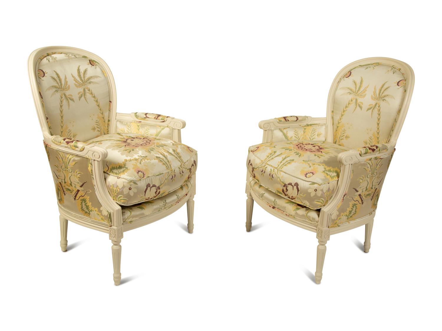 A Pair of Louis XVI Style White Painted Bergeres with Silk Damask Upholstery — 20TH CENTURY