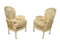 A Pair of Louis XVI Style White Painted Bergeres with Silk Damask Upholstery — 20TH CENTURY