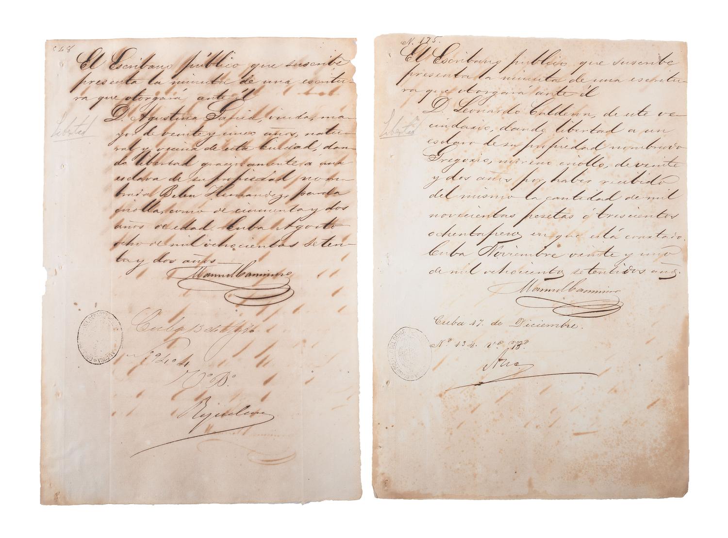 [SLAVERY & ABOLITION]. A group of 12 manumission documents for enslaved persons in Cuba. 1871-1879.