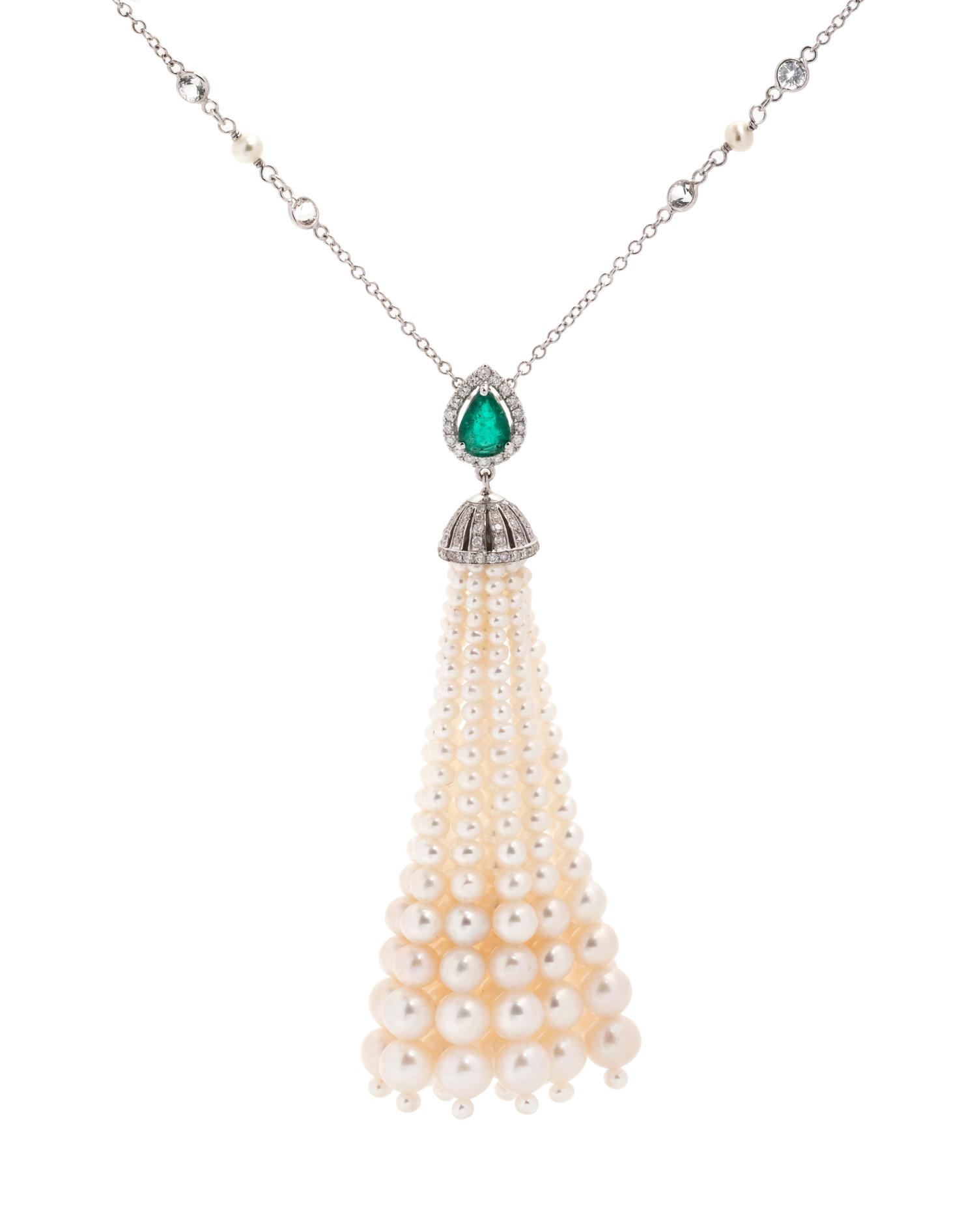 Cultured Pearl, Emerald, Diamond and Clear Stone Sautoir Necklace