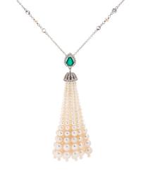 Cultured Pearl, Emerald, Diamond and Clear Stone Sautoir Necklace