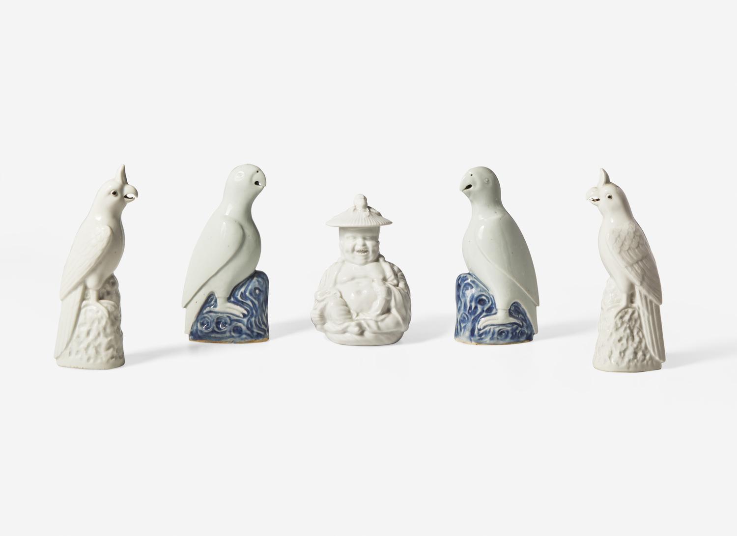Two Pairs of Chinese Porcelain Figures of Parrots and A Chinese Style White Glazed Porcelain 'Pagoda' Figure
