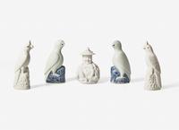 Two Pairs of Chinese Porcelain Figures of Parrots and A Chinese Style White Glazed Porcelain 'Pagoda' Figure