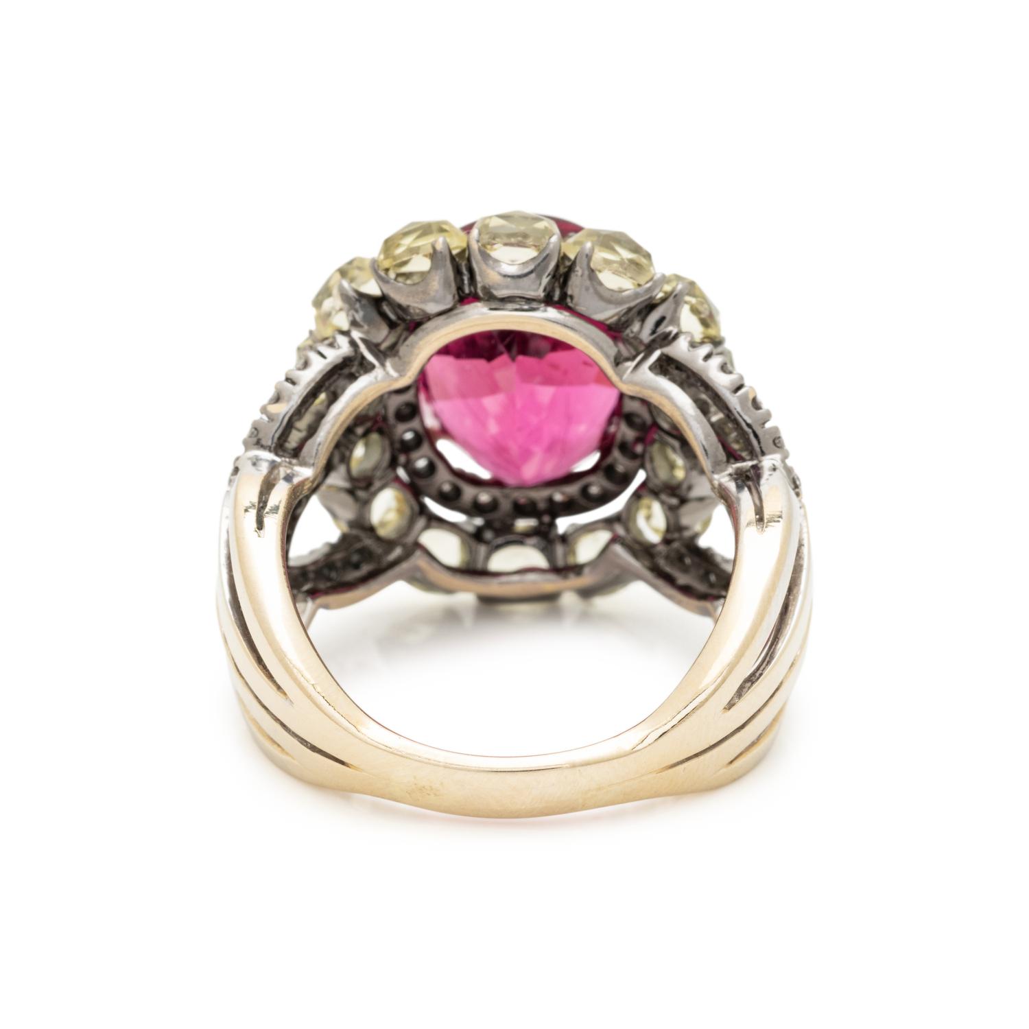 WHITE GOLD, RUBELLITE, QUARTZ, AND DIAMOND RING