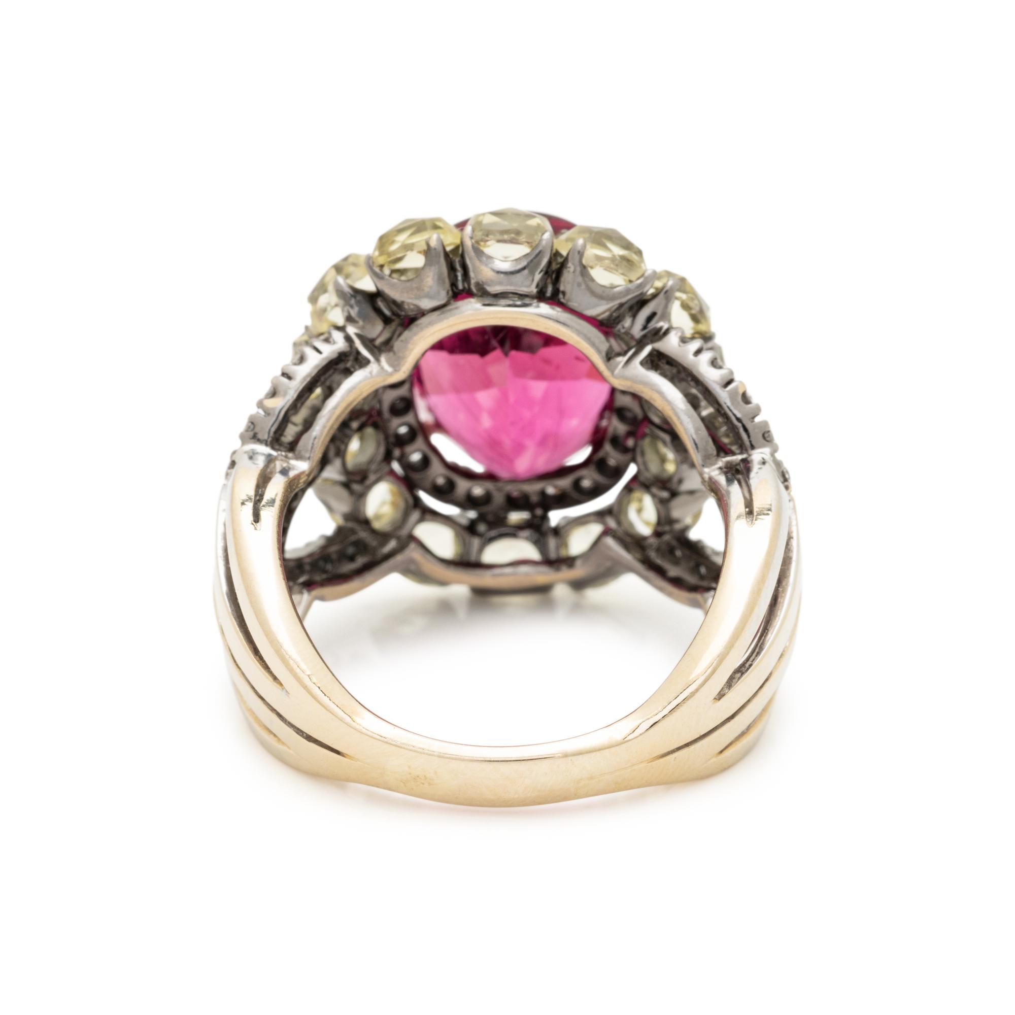 WHITE GOLD, RUBELLITE, QUARTZ, AND DIAMOND RING