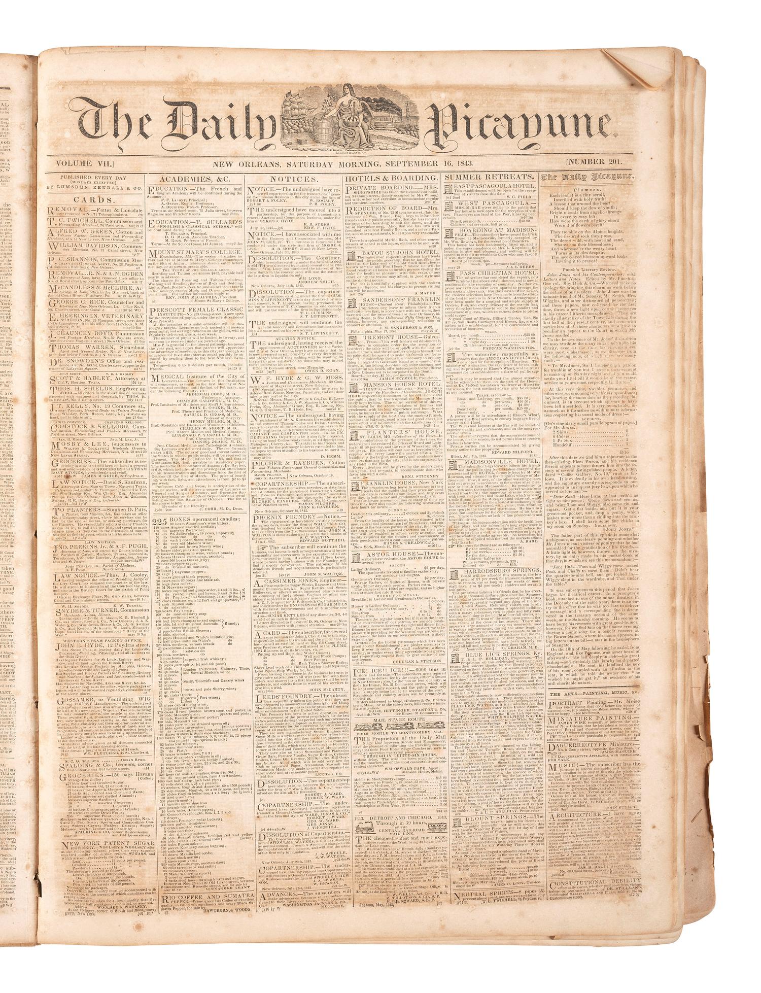 [LOUISIANA -- SLAVERY & ABOLITION]. The Daily Picayune. 763 issues in 5 bound volumes. New Orleans, LA: Lumsden, Kendall, & Co., 1842, 1843, 1848, 1851, 1852.