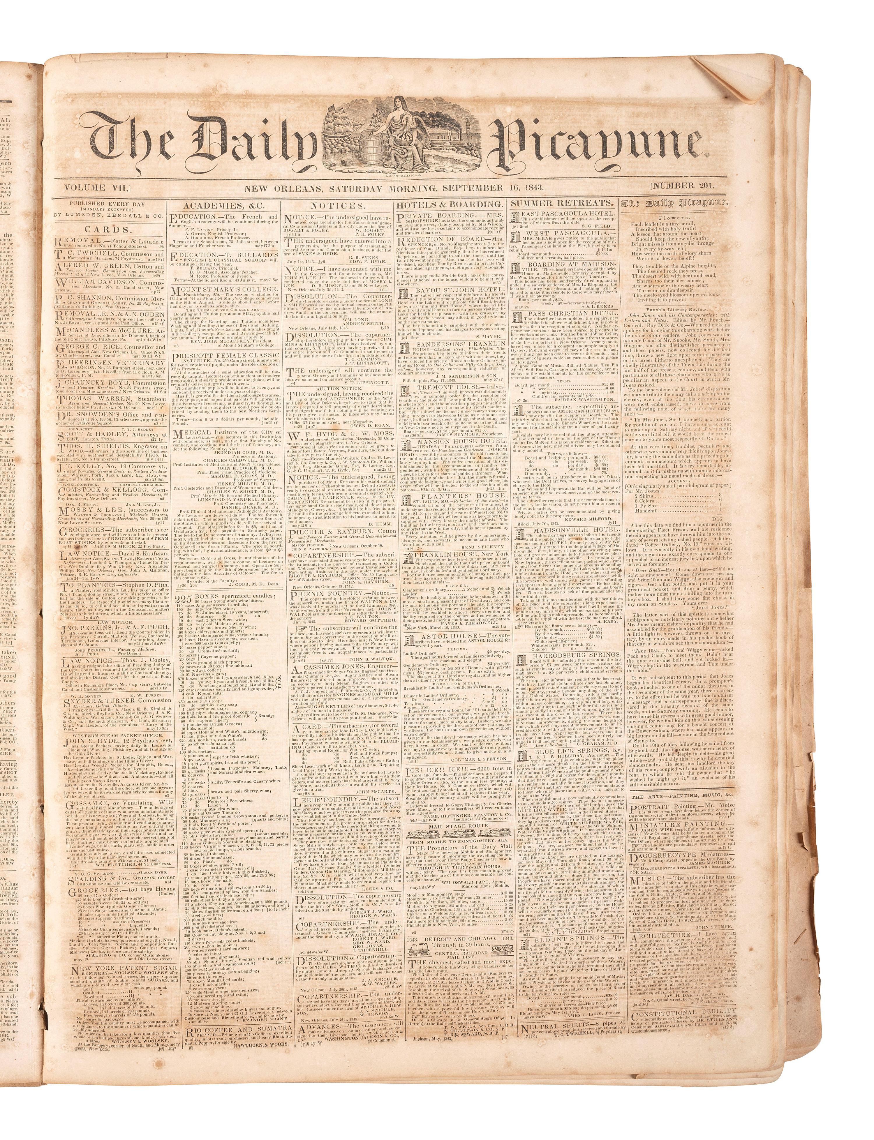 [LOUISIANA -- SLAVERY & ABOLITION]. The Daily Picayune. 763 issues in 5 bound volumes. New Orleans, LA: Lumsden, Kendall, & Co., 1842, 1843, 1848, 1851, 1852.