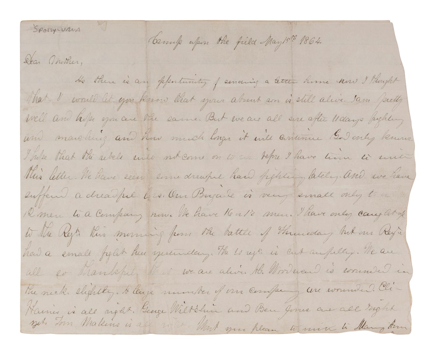 [CIVIL WAR]. Letter written by Private Thomas H. Capern, Co. E, 4th New Jersey Infantry, regarding the Battles of Wilderness and Spotsylvania. "Camp upon the field," 15 May 1864.
