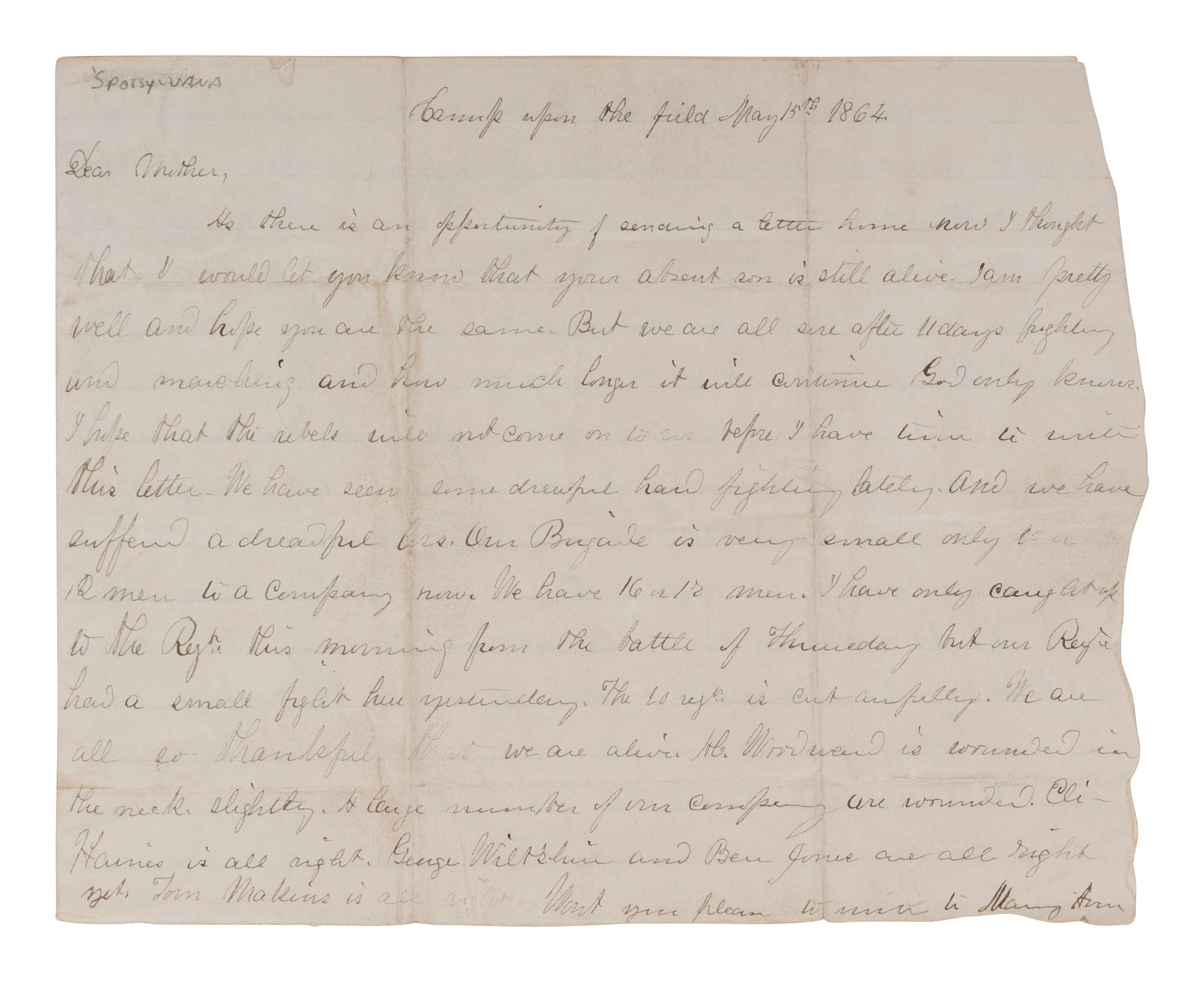 [CIVIL WAR]. Letter written by Private Thomas H. Capern, Co. E, 4th New Jersey Infantry, regarding the Battles of Wilderness and Spotsylvania. "Camp upon the field," 15 May 1864.
