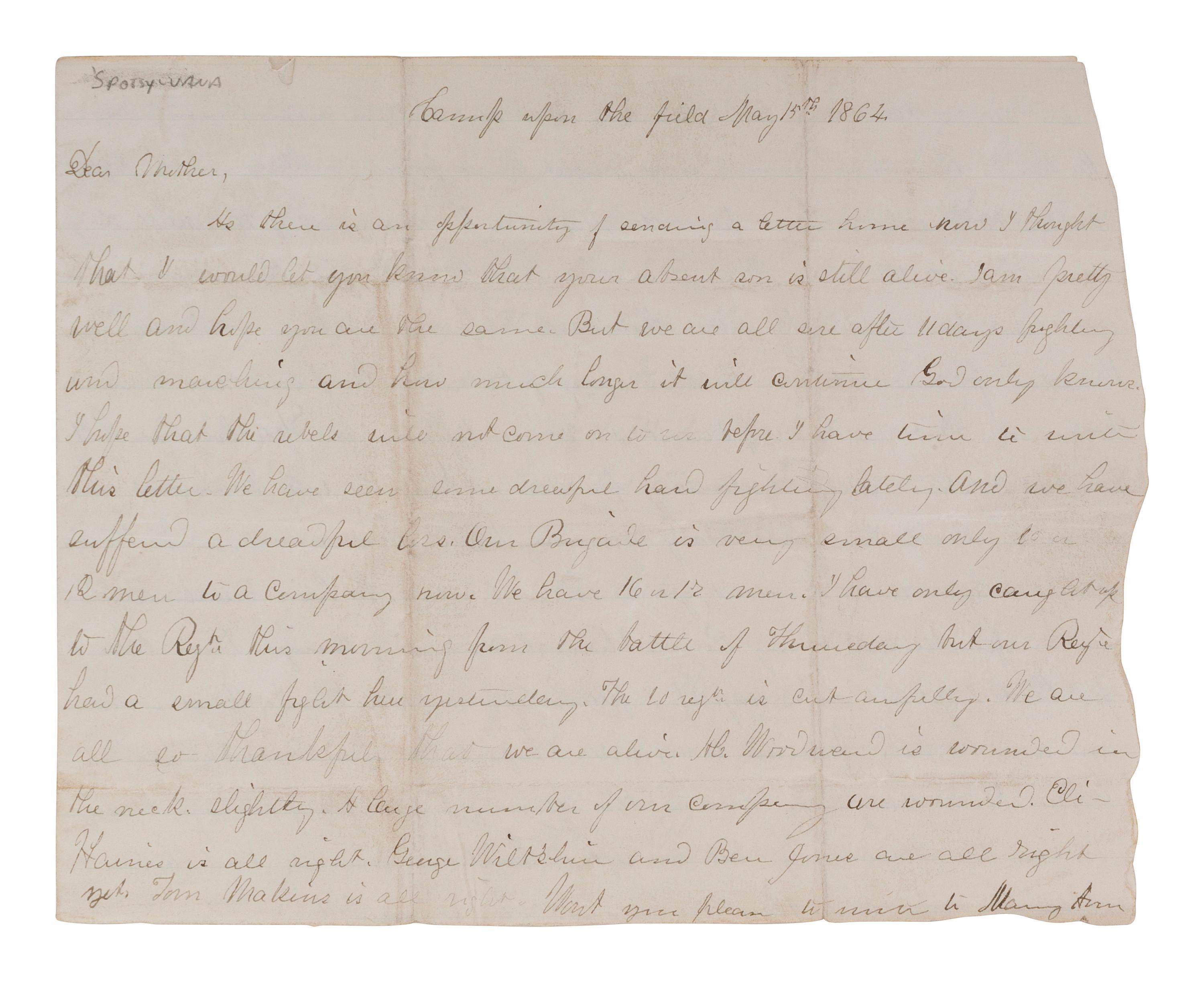 [CIVIL WAR]. Letter written by Private Thomas H. Capern, Co. E, 4th New Jersey Infantry, regarding the Battles of Wilderness and Spotsylvania. "Camp upon the field," 15 May 1864.