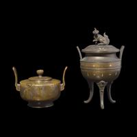 Two Japanese Patinated Bronze Small Koro, Meiji/Taisho Period