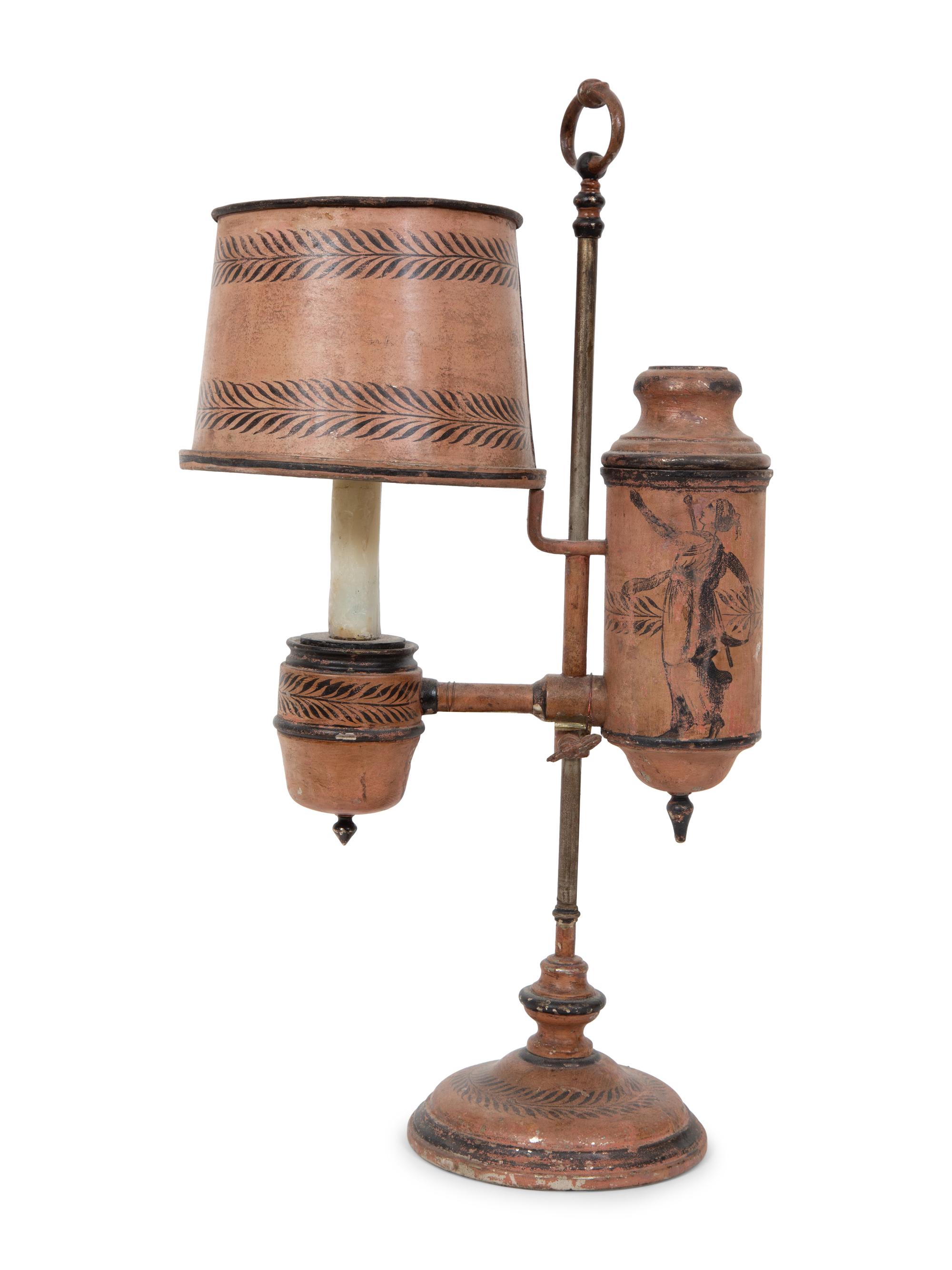A French Tôle Peinte and Cast Iron Oil Lamp
