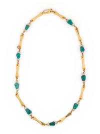 YELLOW GOLD, TURQUOISE AND FRESHWATER PEARL NECKLACE