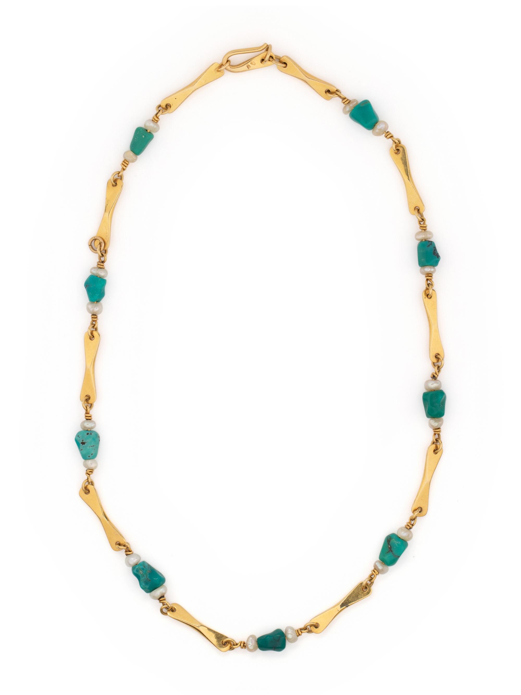 YELLOW GOLD, TURQUOISE AND FRESHWATER PEARL NECKLACE