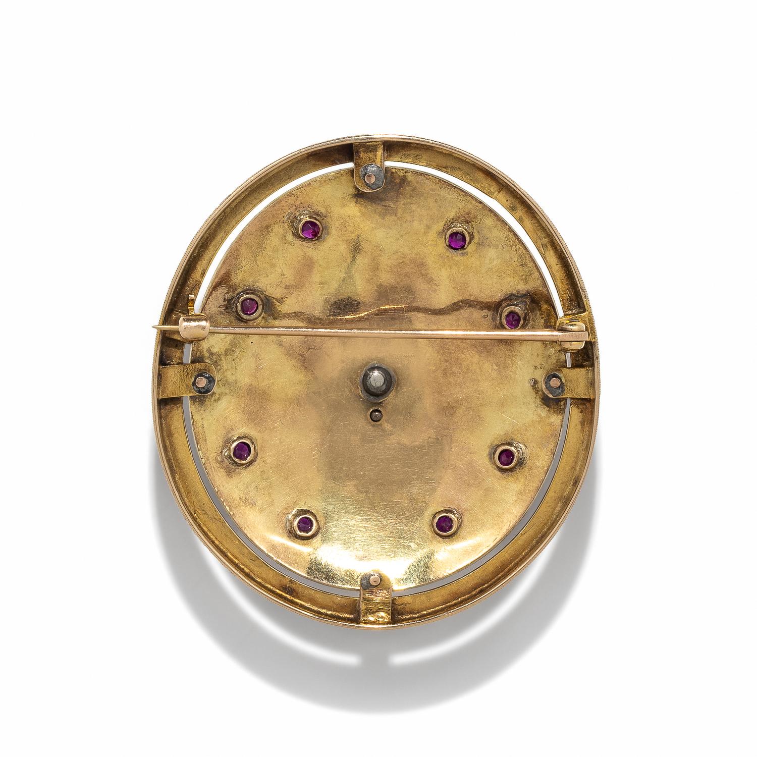 RUSSIAN, ENAMEL, SYNTHETIC RUBY, AND DIAMOND BROOCH